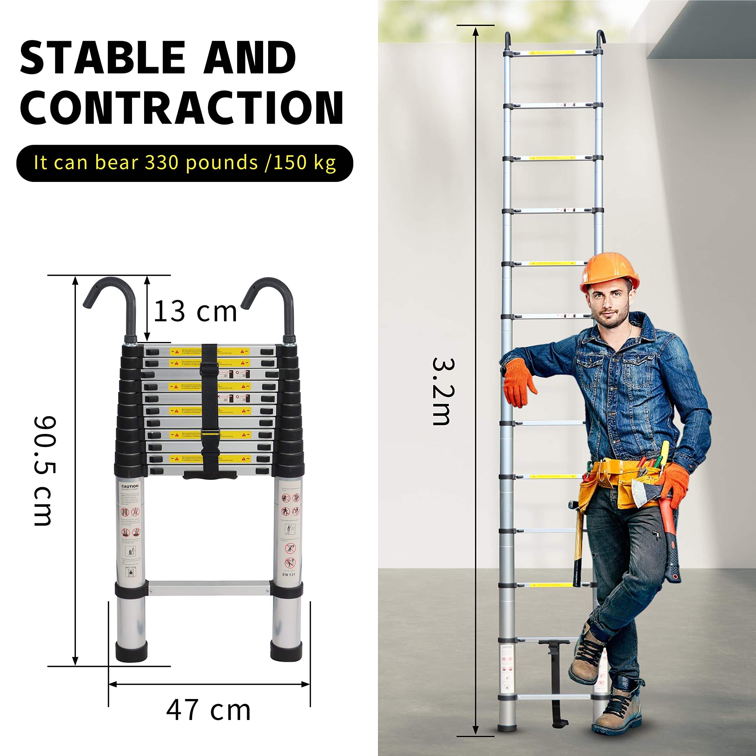 Galvaran Échelle télescopique 3,2 m multifonction en aluminium, extensible, pliable et portable, charge maximale 150 kg, marche réglable, EN131 (3,2 m)