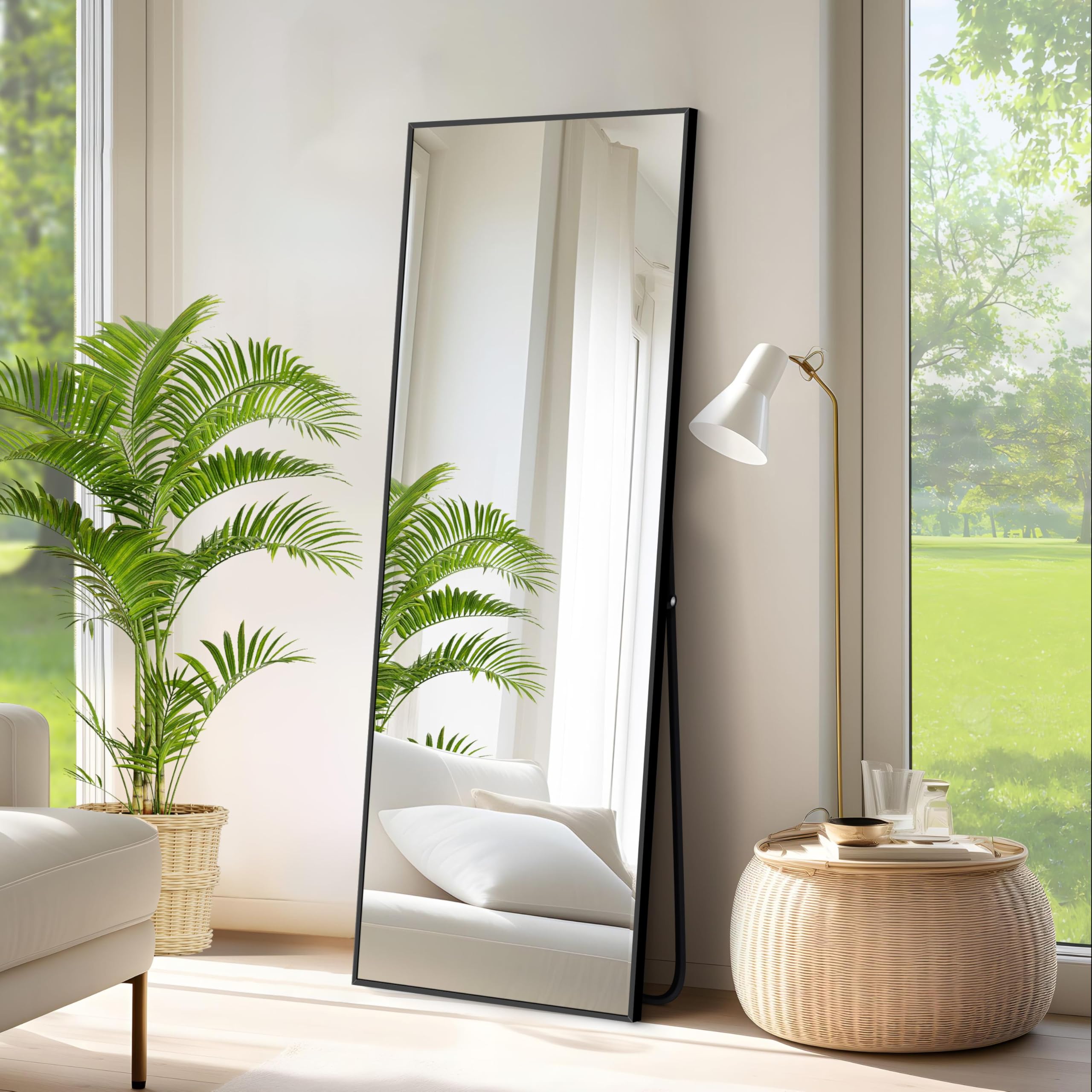 Specchio da Terra, 147 x 44 cm Specchio Rettangolare con Cornice in Alluminio Nero per Bagno, Camera da Letto, Ingresso e Corridoio
