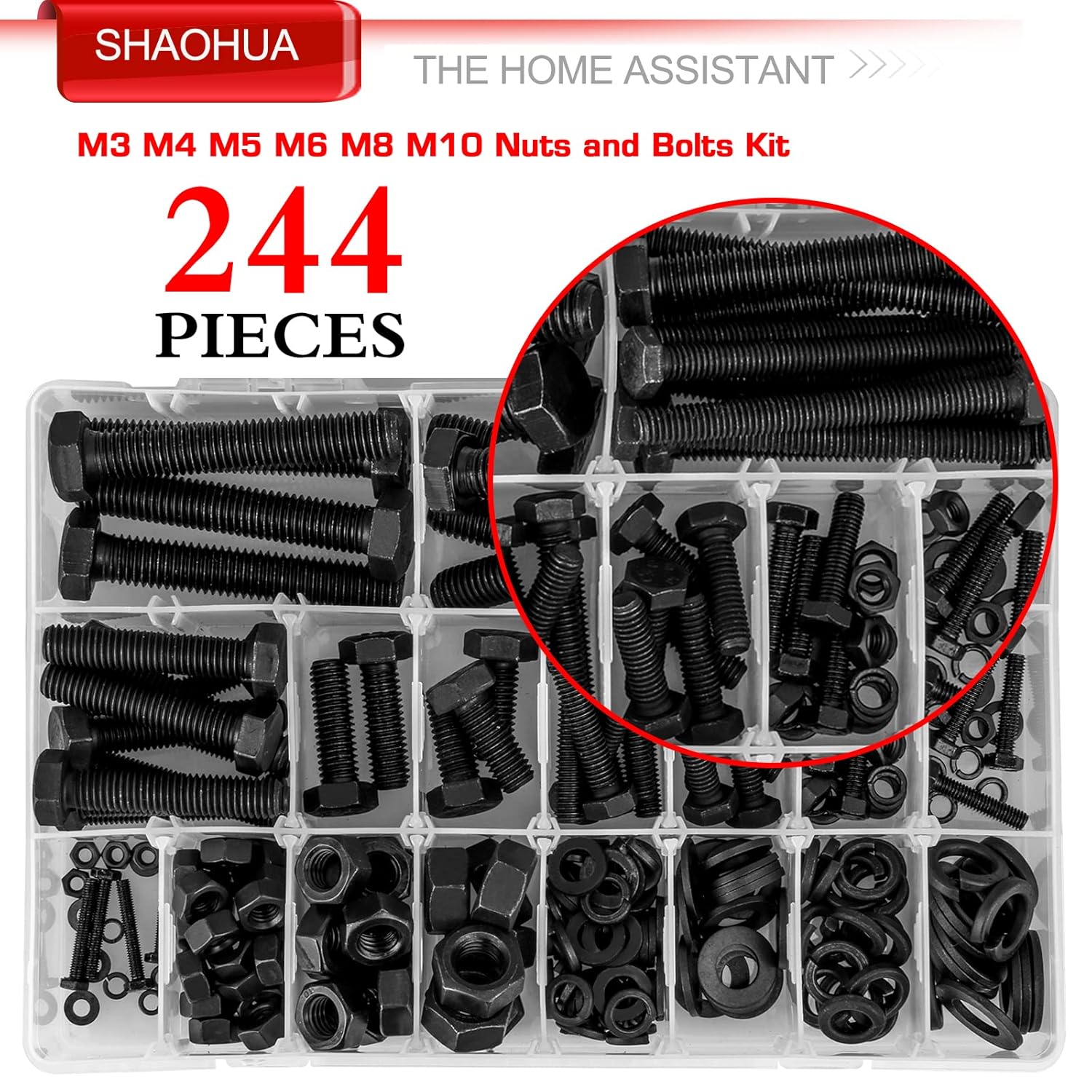 244PCS Hex Head Nuts and Bolts Assortment Kit, M10 M8 M6 M5 M4 M3 Metric Bolt Assortment, Screws and Nuts, Metric Bolt Kit, Grade 8.8 Alloy Steel Black Bolts and Nuts Kit with Lock & Flat Washers