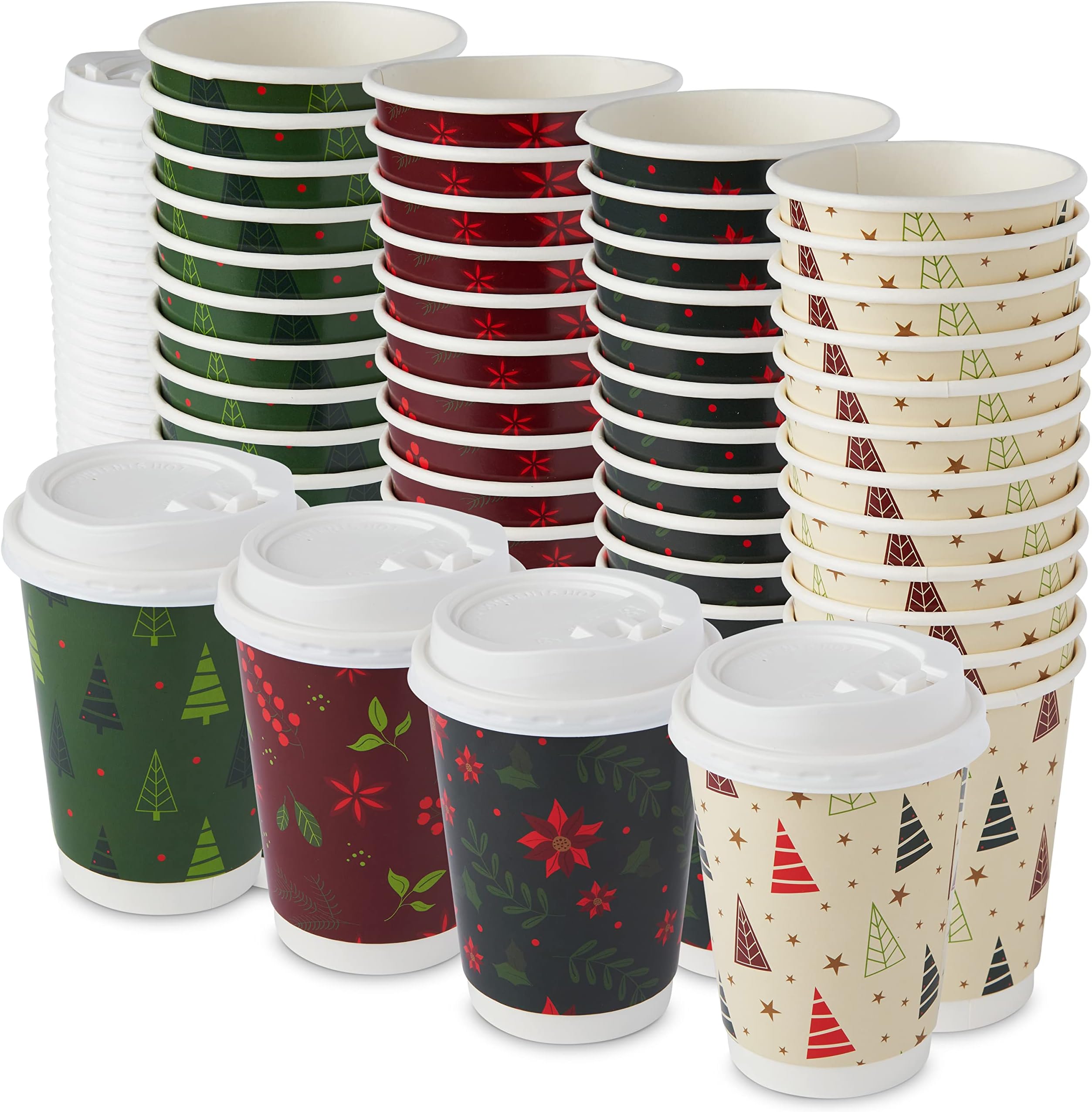 Royal Bluebonnet 48 Christmas Disposable Coffee Cups with Lids โ 12oz Double Walled Insulated Disposable Paper Coffee Cups To Go, 4 Christmas Designs of Cute to Go Coffee Cups with Lids