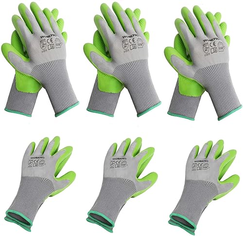 WORKPRO 6 pares de guantes de jardín, guantes de trabajo con revestimiento de palma de látex ecológico, guantes de jardinería, guantes de trabajo