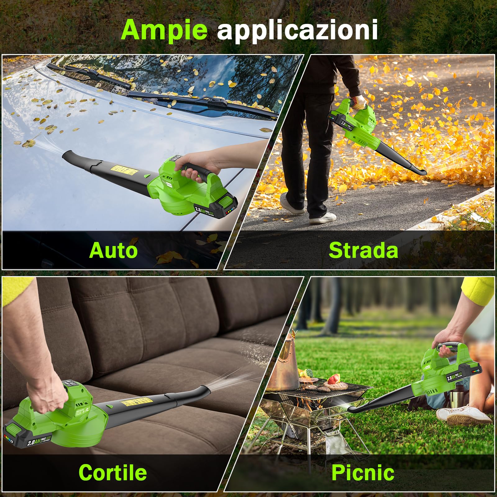 Soffiatore a Batteria con 2×2.0Ah，20V Soffiatore per foglie,ventola per foglie,leggero solo 1,4 kg,Leaf Blower 3 marce,interruttore turbo Max15000 giri/min,portata d'aria 120 km/h