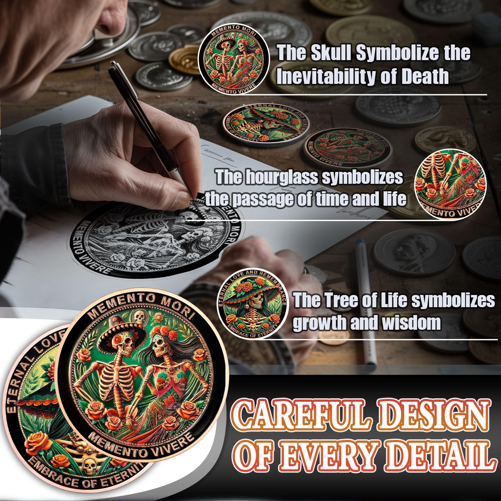 Mexican Women and Men Memento Mori Coin Mexican Style Skull Coin 3D Skull Cion Cool Stoic Coins Day of the Dead Challenge Coin EDC Medallion Reminder Token Daily Stoic Gifts For Men Women - Image 3