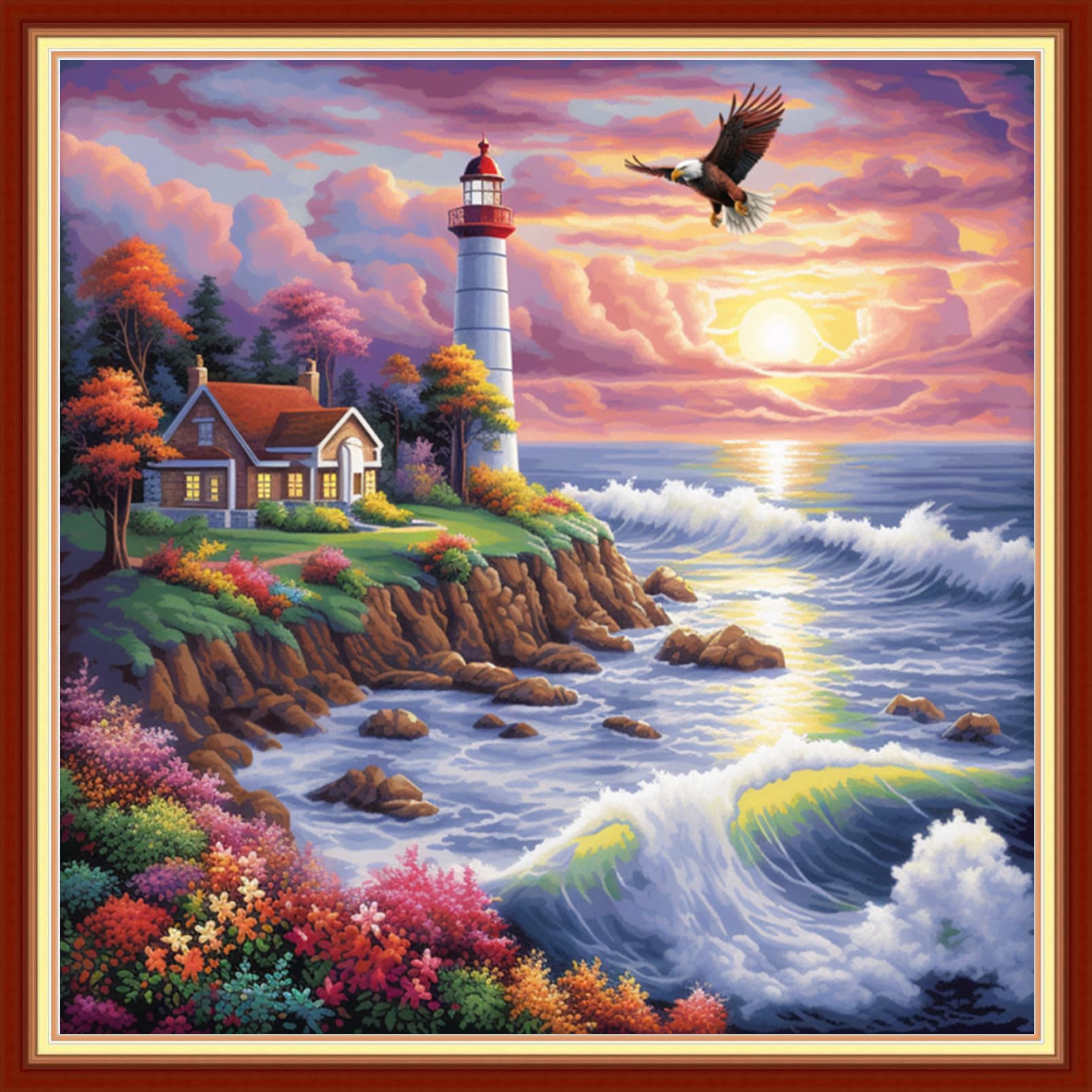 DMCVIVR Stamped Cross Stitch Kits for Beginners Adults Needlepoint Kits for Beginners Embroidery Kits for Adults Crossstitch Kit for Beginners 11CT-Seaside Lighthouse 18x18 inchs
