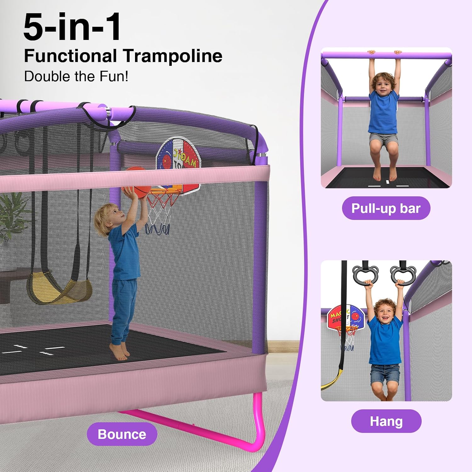 LANGXUN 6FT Rectangle Trampoline for Kids, 5-in-1 Toddler Trampoline, ASTM Approved Indoor Outdoor Mini Trampoline with Safety Enclosure Net Age 1-10