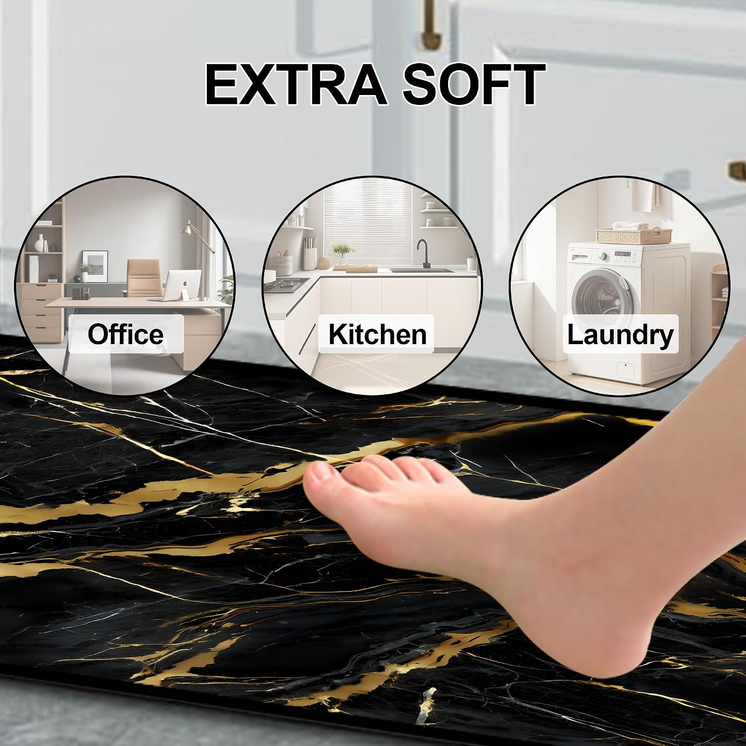 Marble Kitchen Rugs Set of 2: Black and Gold Kitchen Mats for Floor 2 Piece Sets Washable Runner Rug for Floor Sink Dining Room Laundry Hallway Home Office, 20"x31.5"+ 20"x59"