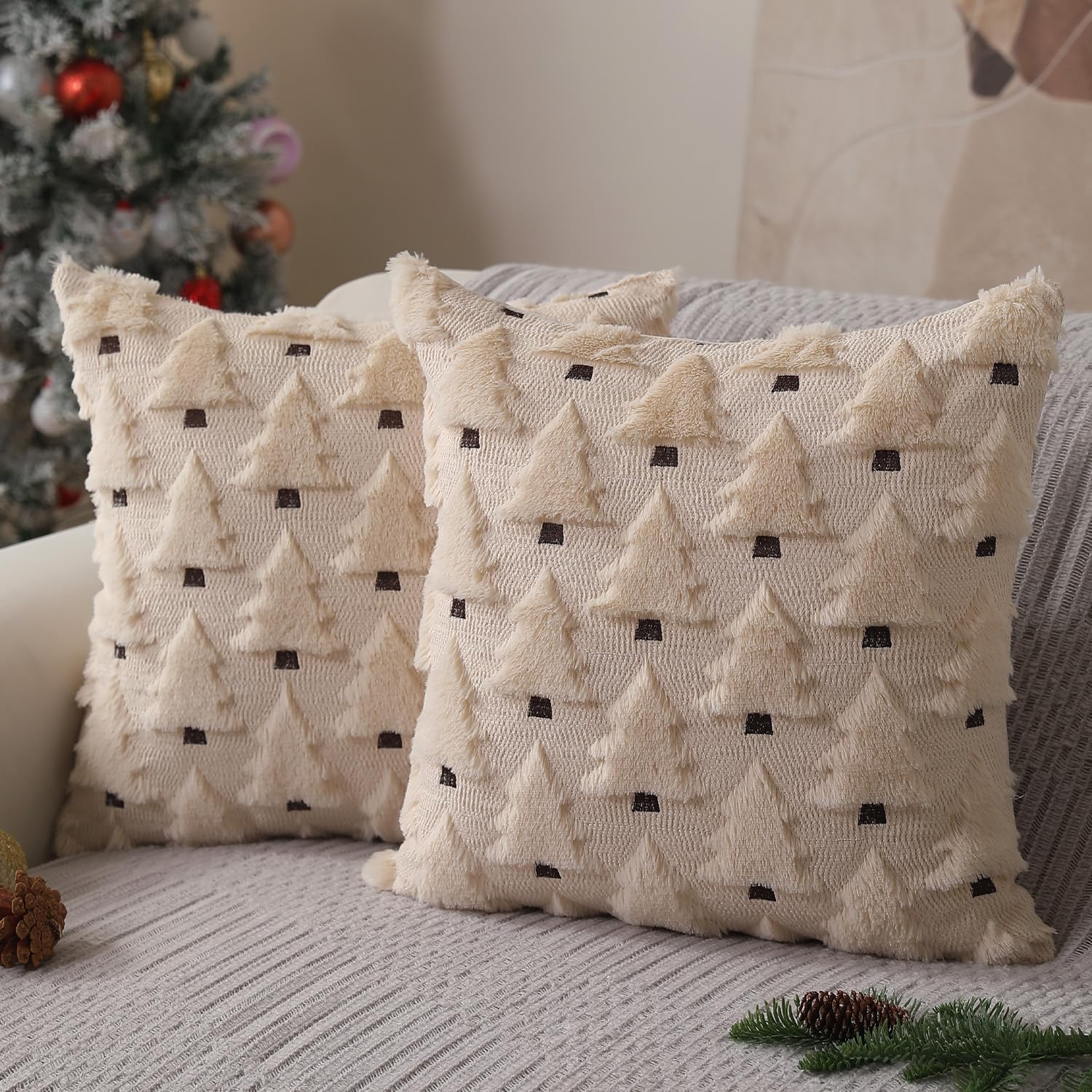 Christmas Pillow Covers 18x18 inch Set of 2 Xmas Decorations Soft Plush Faux Fur Wool Beige Christmas Tree Throw Pillow Cases Winter Holiday Decor for Sofa Living Room PT-002C18 18\" x 18\" (Pack of 1) Beige