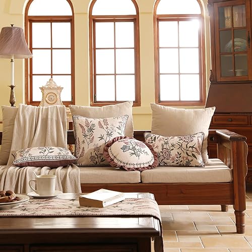 Miniatura 3 de ISAENNE Design Linen - Juego de 2 fundas de almohada de lino vintage de 16 pulgadas de diámetro, fundas de cojín redondas con patrón de hojas