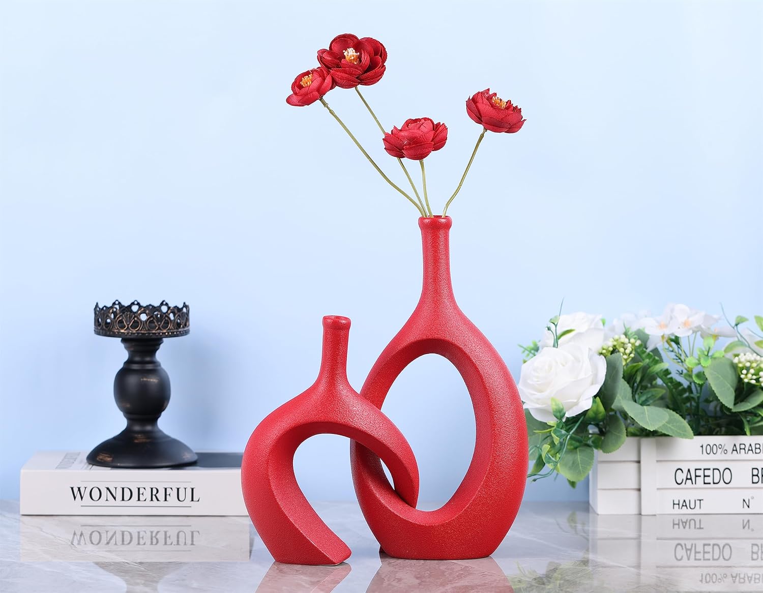 WUBIANJIE Red Ceramic Vase Set - Modern Boho Decor, Snuggle Design, Vases for Living Room, Bedroom, Coffee Table, Fireplace - Image 4