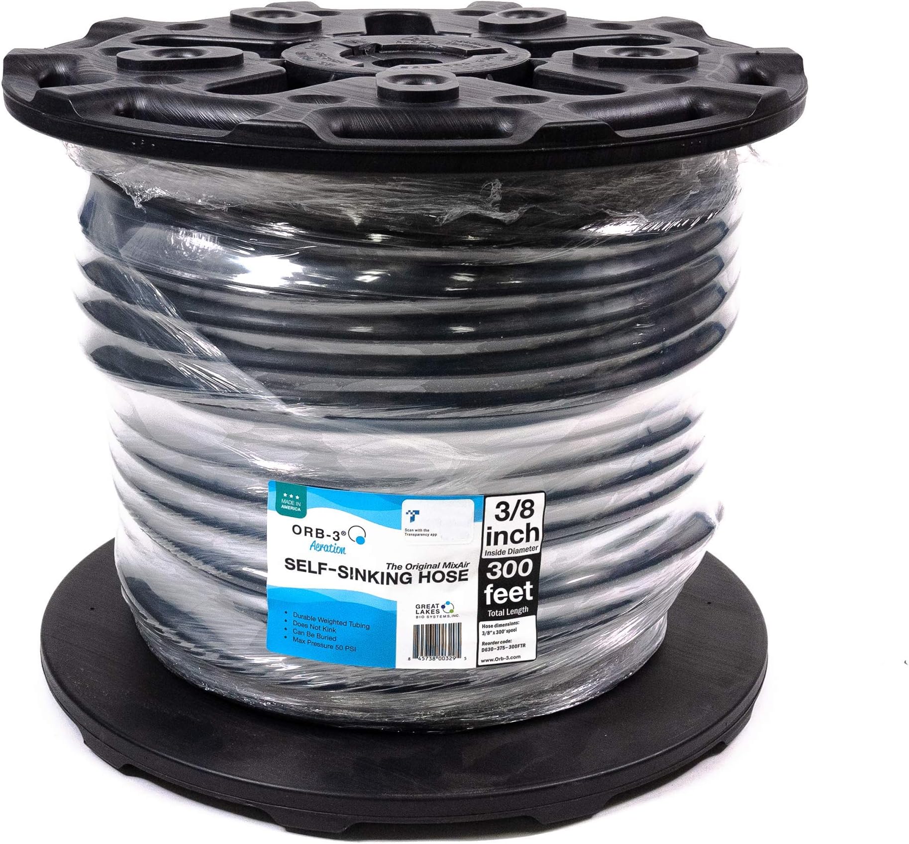 D630-375-300FTR MixAirTech Self-Sinking Aeration Hose, 300 Feet, Black