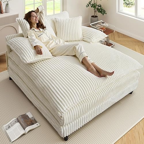 Tumbona extragrande de 54.8 pulgadas de ancho para interiores con respaldo ajustable de 5 posiciones, sofá cama de pana con 3 almohadas, moderna