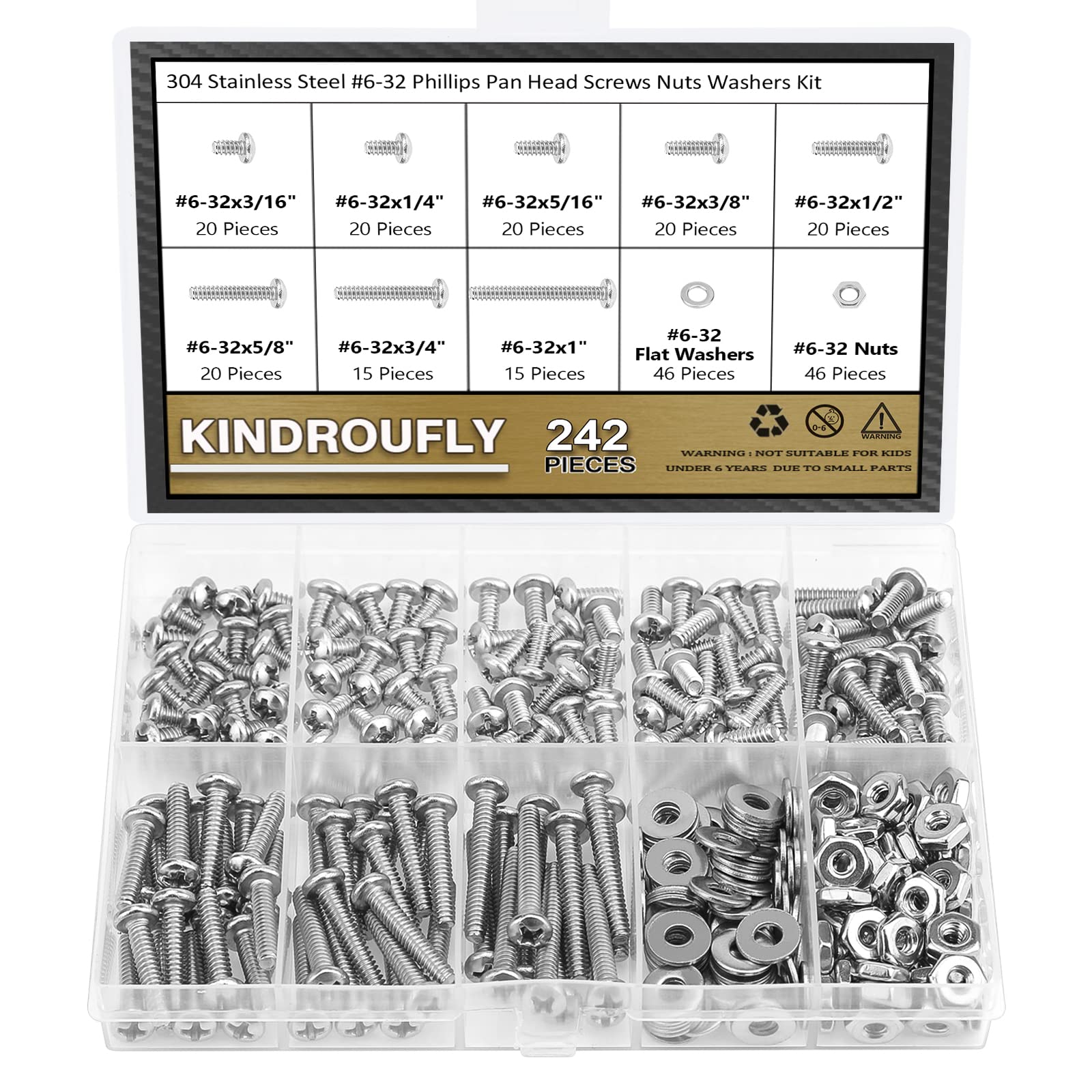 Kindroufly 242 Pieces #6-32x 3/16", 1/4", 5/16", 3/8", 1/2", 5/8", 3/4", 1", Phillips Pan Head Machine Screws Nuts Washers Assortment Kit, 304