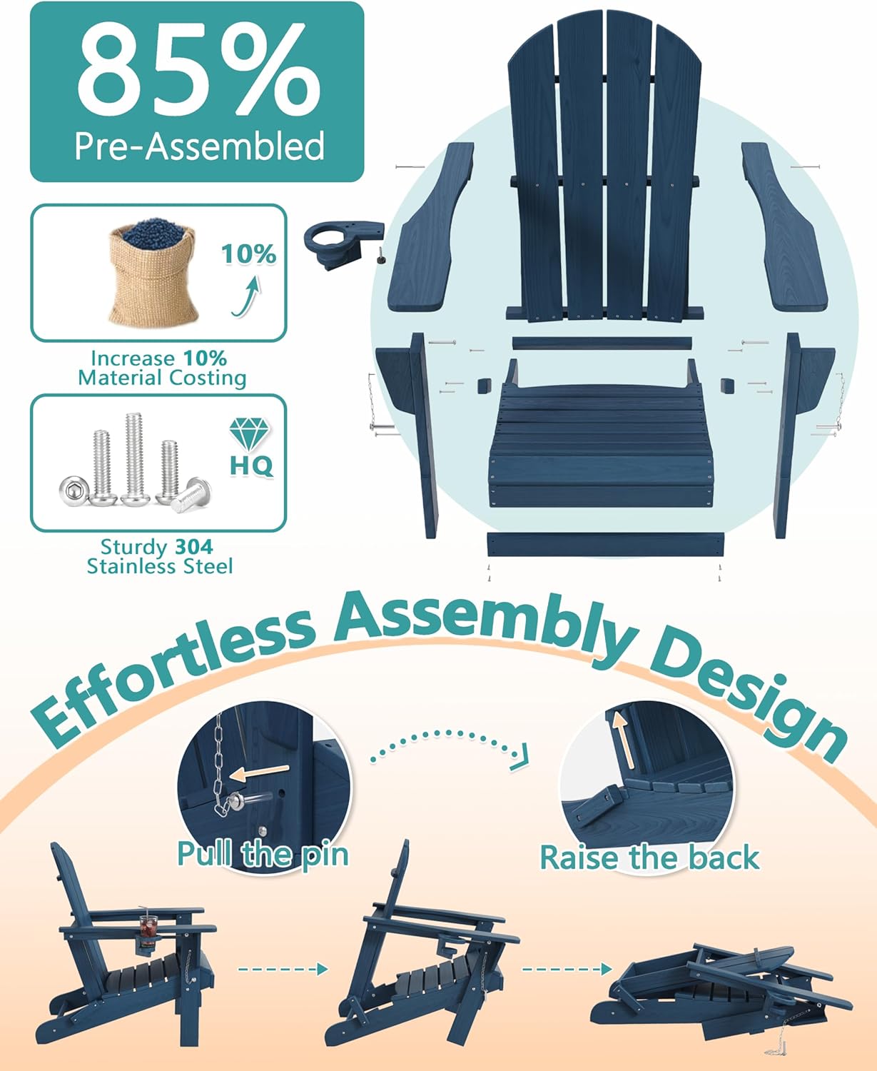 Outdoor Folding Adirondack Chair Set of 2 for Patio Fire Pit, Wooden Textured HDPE Adjustable Chairs with Cup Holder, Waterproof All Weather Resistant Plastic for Pool Lawn Garden Backyard(NavyBlue)