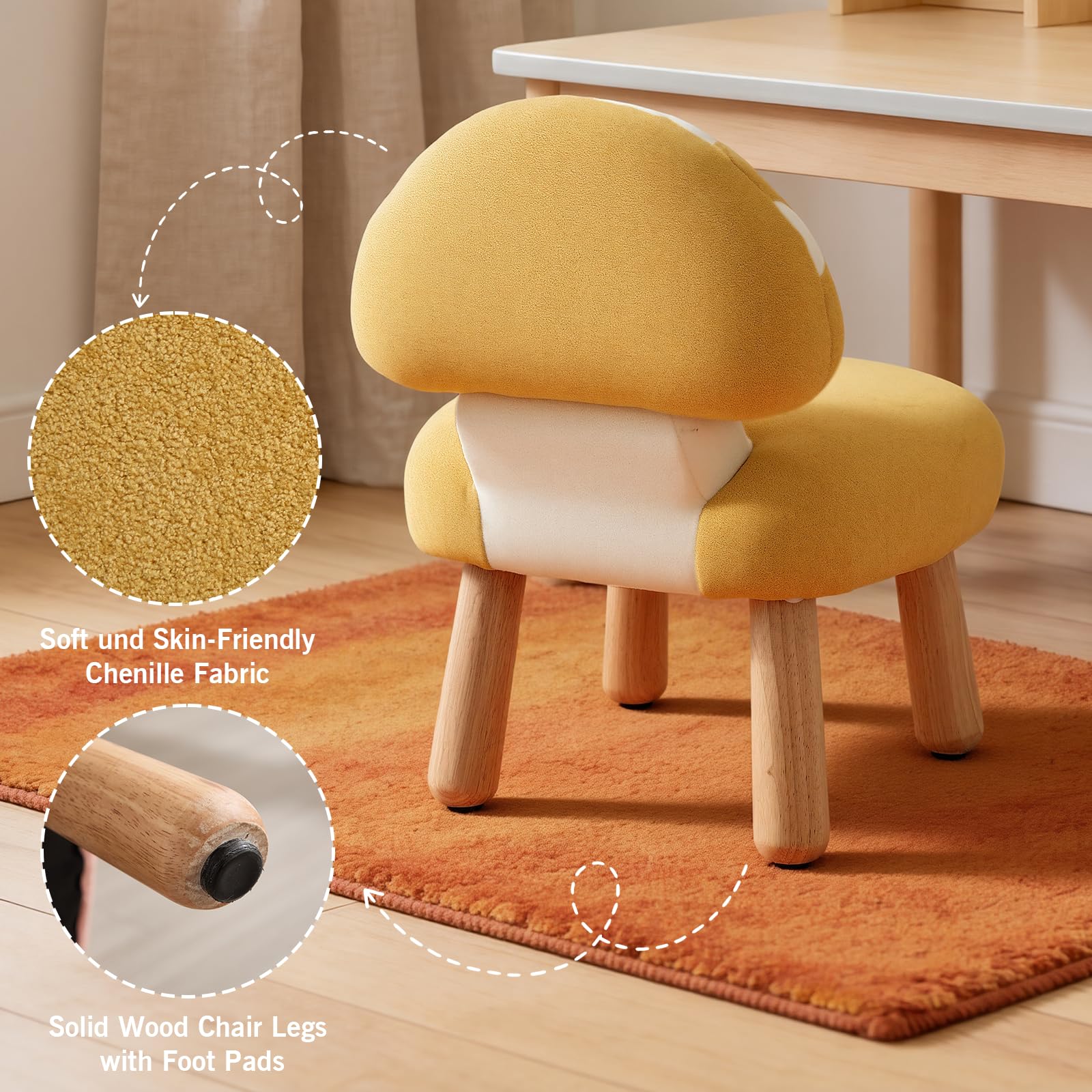 Kindersessel für Kinderzimmer Chenille Kinderstuhl mit Pilzförmiger Rückenlehne Kindersofa Holzbeinen, Kindercouch für Spielzimmer, Gelb