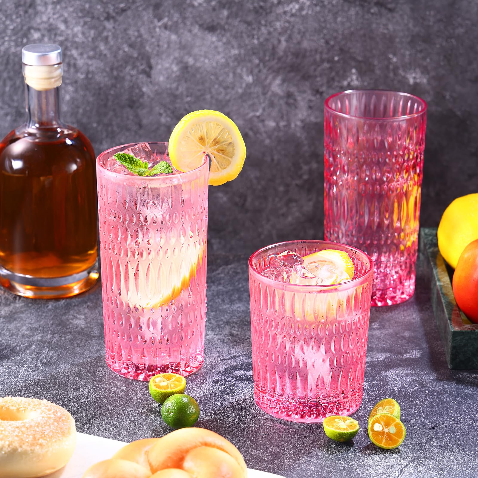 Loivttvv Glassware Trinkgläser-Set, 400 ml und gerippte Glasbecher, Vintage-Gläser für Wasser, Saft, Cocktail, Whiskey, Rosa, 8 Stück