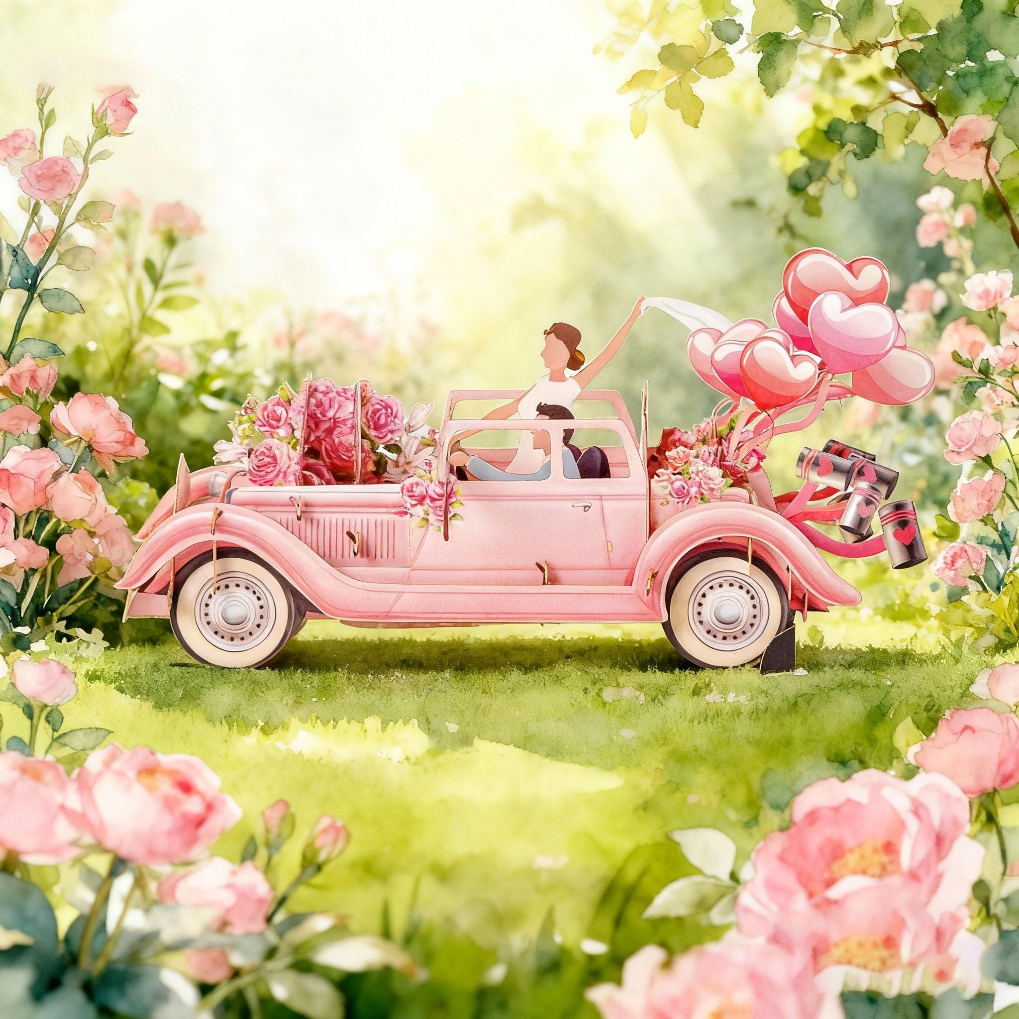 3D-Pop-Up-Hochzeitskarte, elegante Glückwunschkarte – Vintage-Auto mit floralem Aquarell-Cover, Hochzeitsgeschenke für Brautpaare, romantische Karte für Braut und Bräutigam