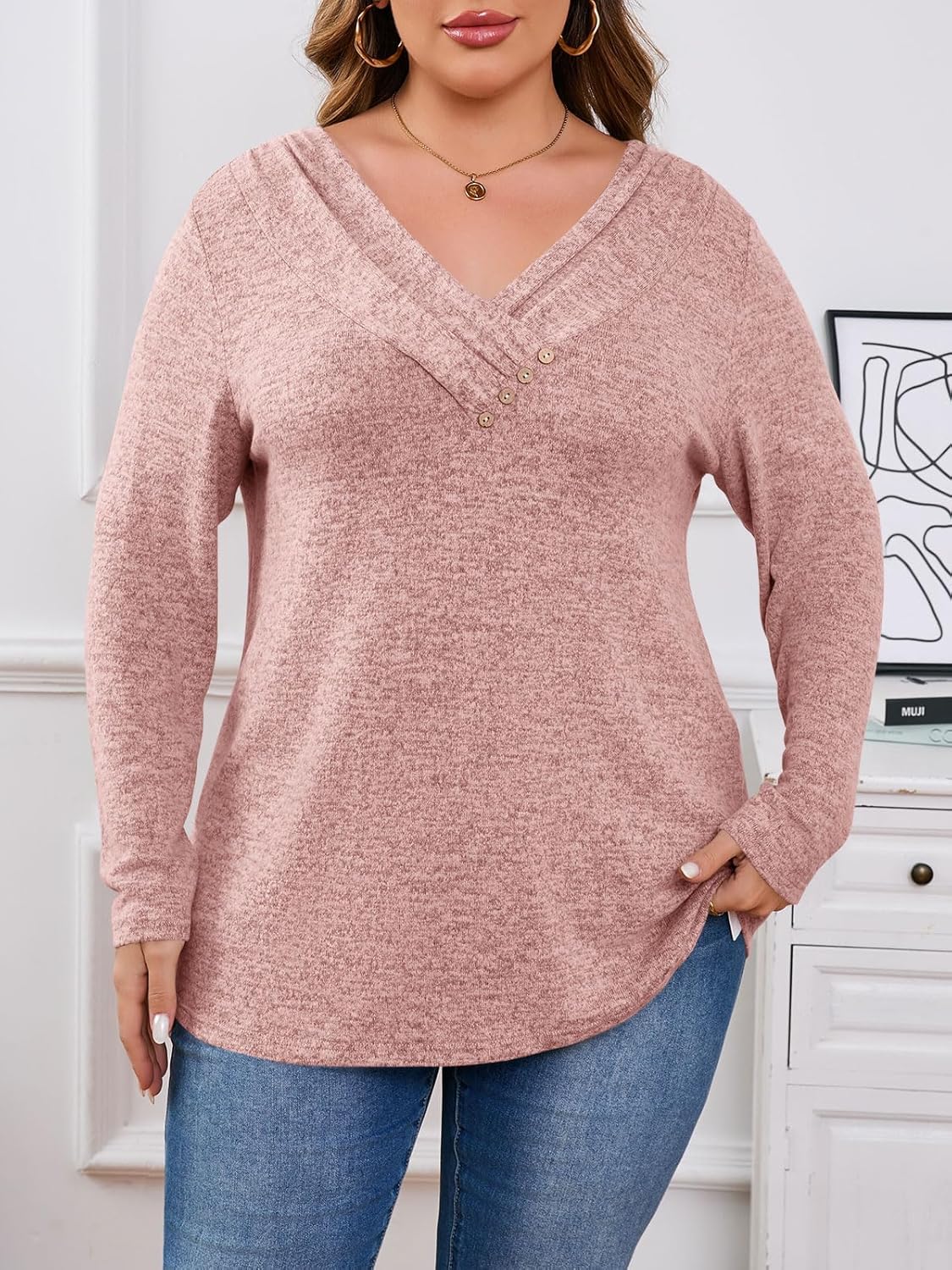 Yousify Womens Plus Size Long Sleeve Tunic Tops Dressy Casual Pleated V Neck Fall Blouses Curvy Loose Fit Shirts - Image 5