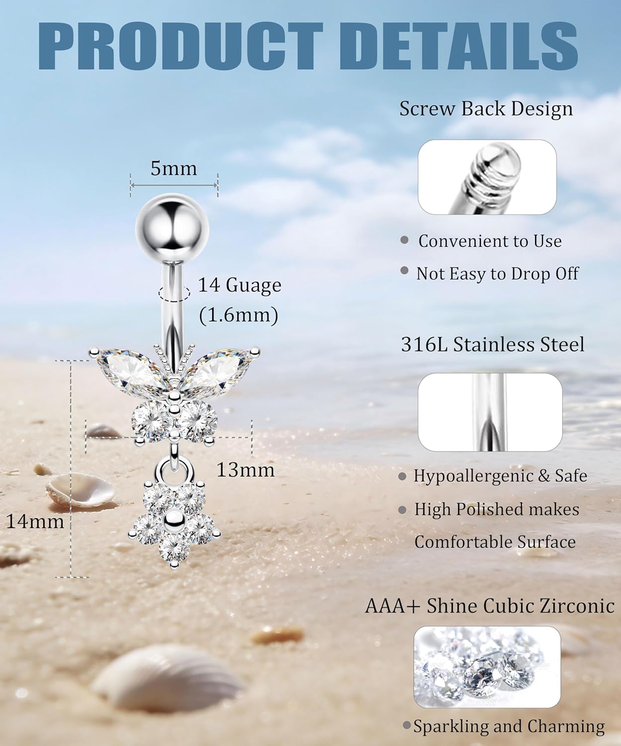 PLOMFOV Gold Belly Button Ring Surgical Steel Belly Rings for Women 14G Belly Button Piercing CZ Pearl Cute Navel Ring Belly Piercing Jewelry - Image 3