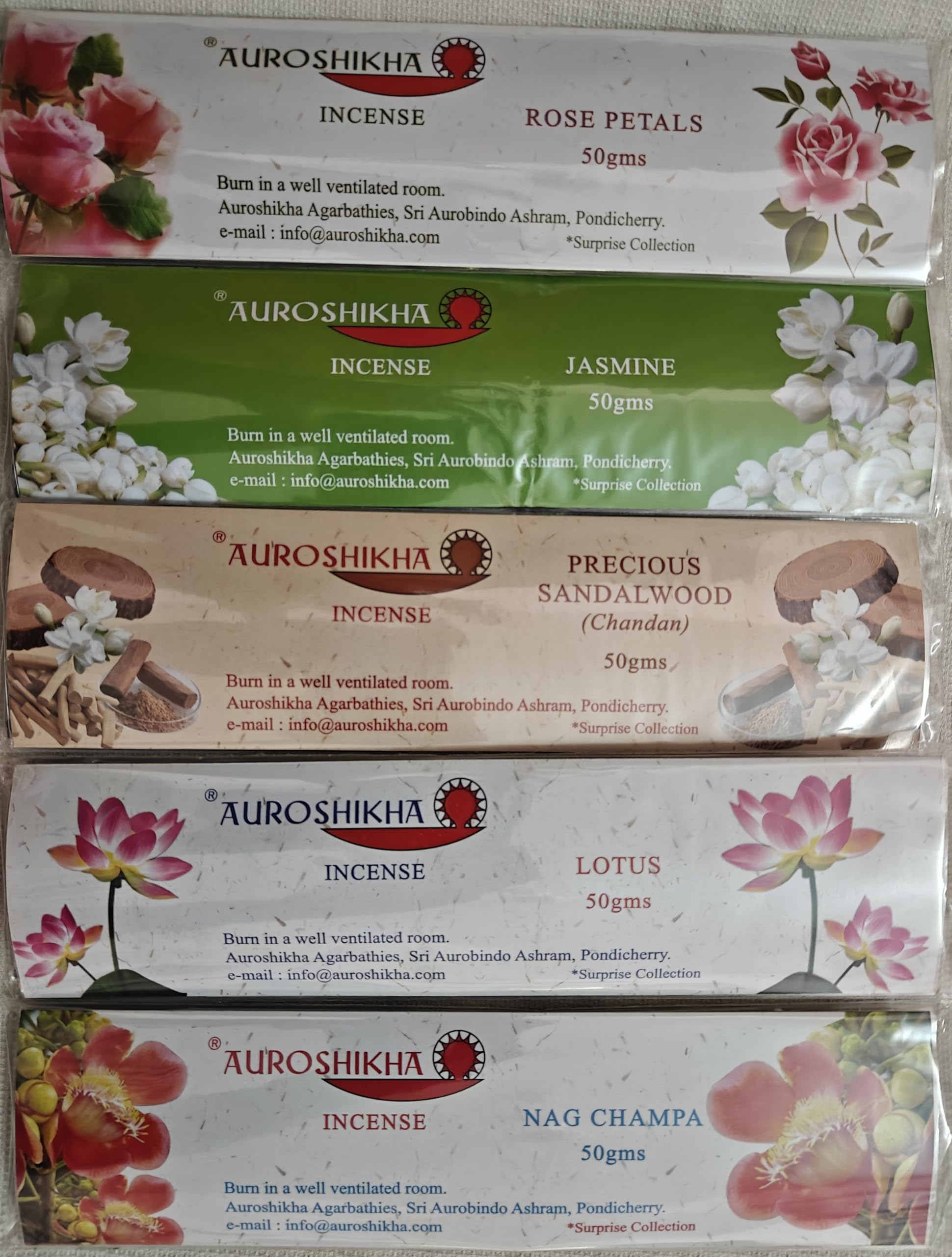 Auroshikha Incense Sticks Combo Set, 5 Fragrances - Lotus, Precious Sandalwood, Jasmine, Rose Petals, nag Champa, 50g Each || Ashram Product, Since 1973-image-27