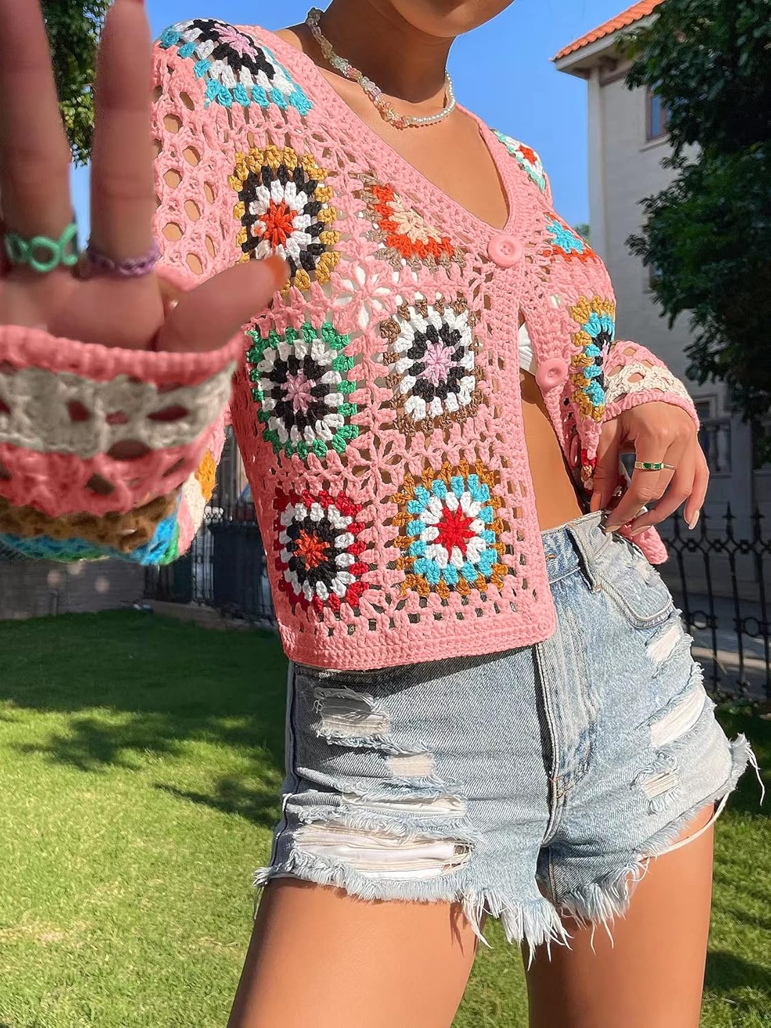 SHENHE Women's Floral Crochet Cardigan Hollow Out V Neck Button Down Long Sleeve Cropped Sweater - Image 4