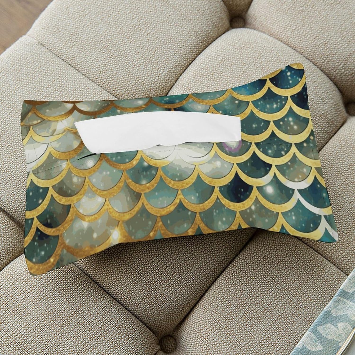Large - Opening Golden Glittering Fish Scales Printed Tissue Box Cover Stylish, Durable & Universal Fit for All - Easy Use, A Must - Have for Home, Office & Car” image 3
