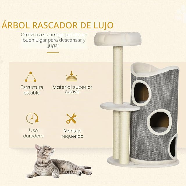 Foto 3 de 8 de PawHut Árbol rascador 109cm, Barril rascador, Gatos <5kg, Blanco+Gris