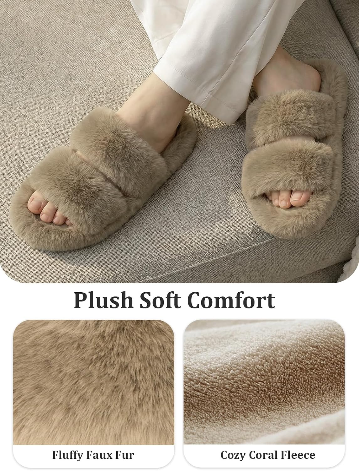 FamilyFairy Women's Fluffy Faux Fur Slippers Comfy Open Toe Two Band Slides with Fleece Lining and Rubber Sole