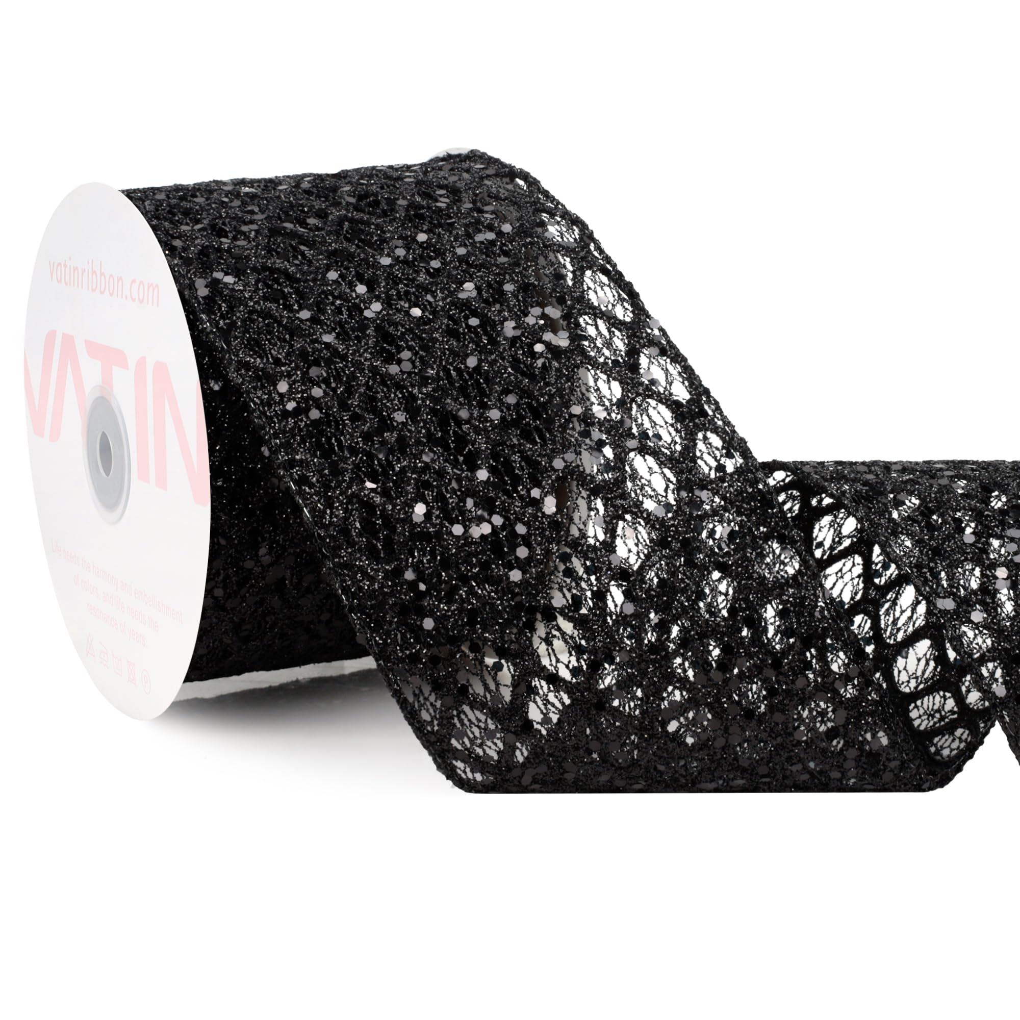 VATIN Black Glitter Wired Ribbon - 10cm x 9 Metres for Christmas Decorations, Tree Bows, Crafts
