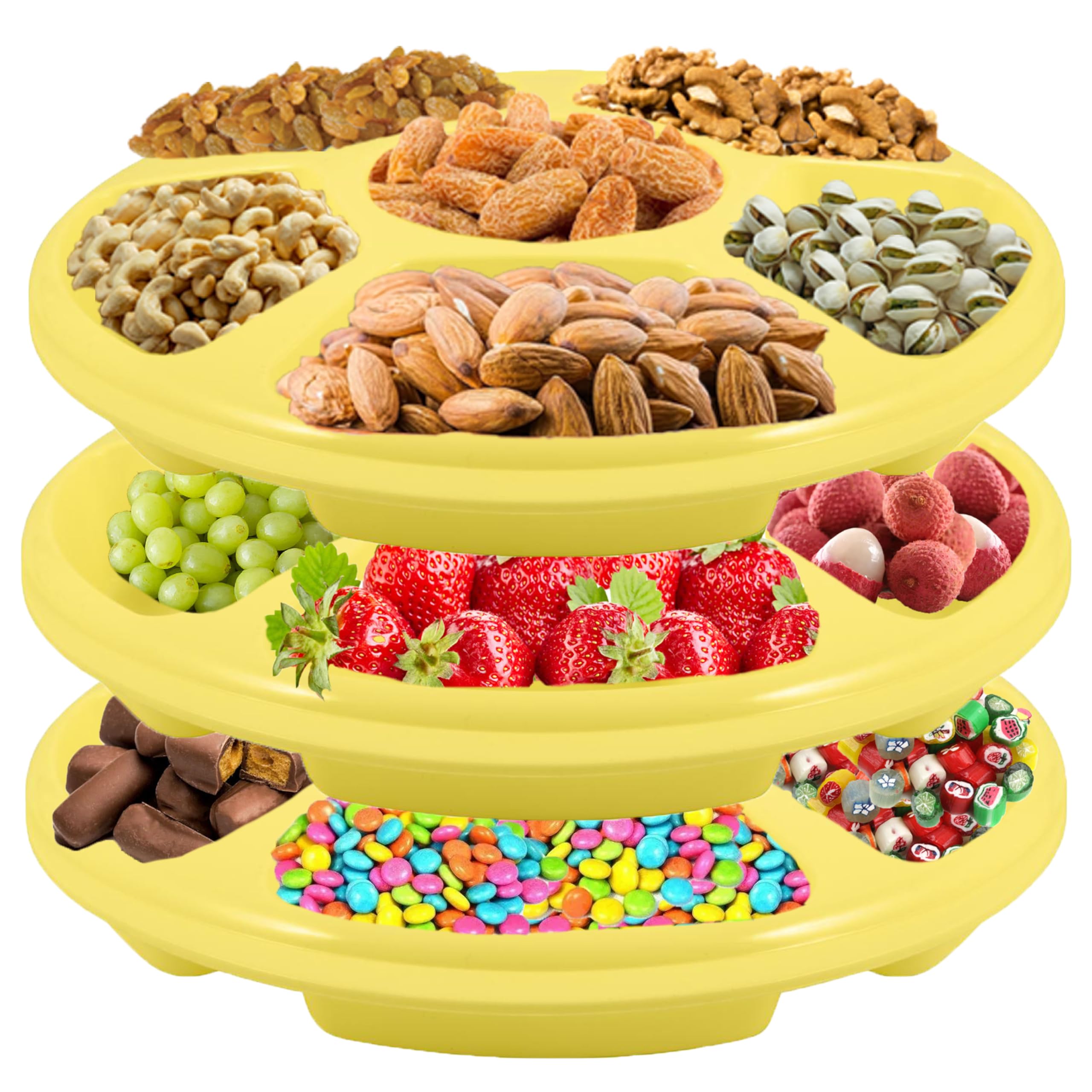 HOMESHOPA Plastic Compartment Trays, 3 Pack Lightweight Reusable Serving Platters for Parties, Compartment Appetizer Platter, Round Divided 6 Section Food Catering Trays for Snacks Fruits Nuts, Yellow