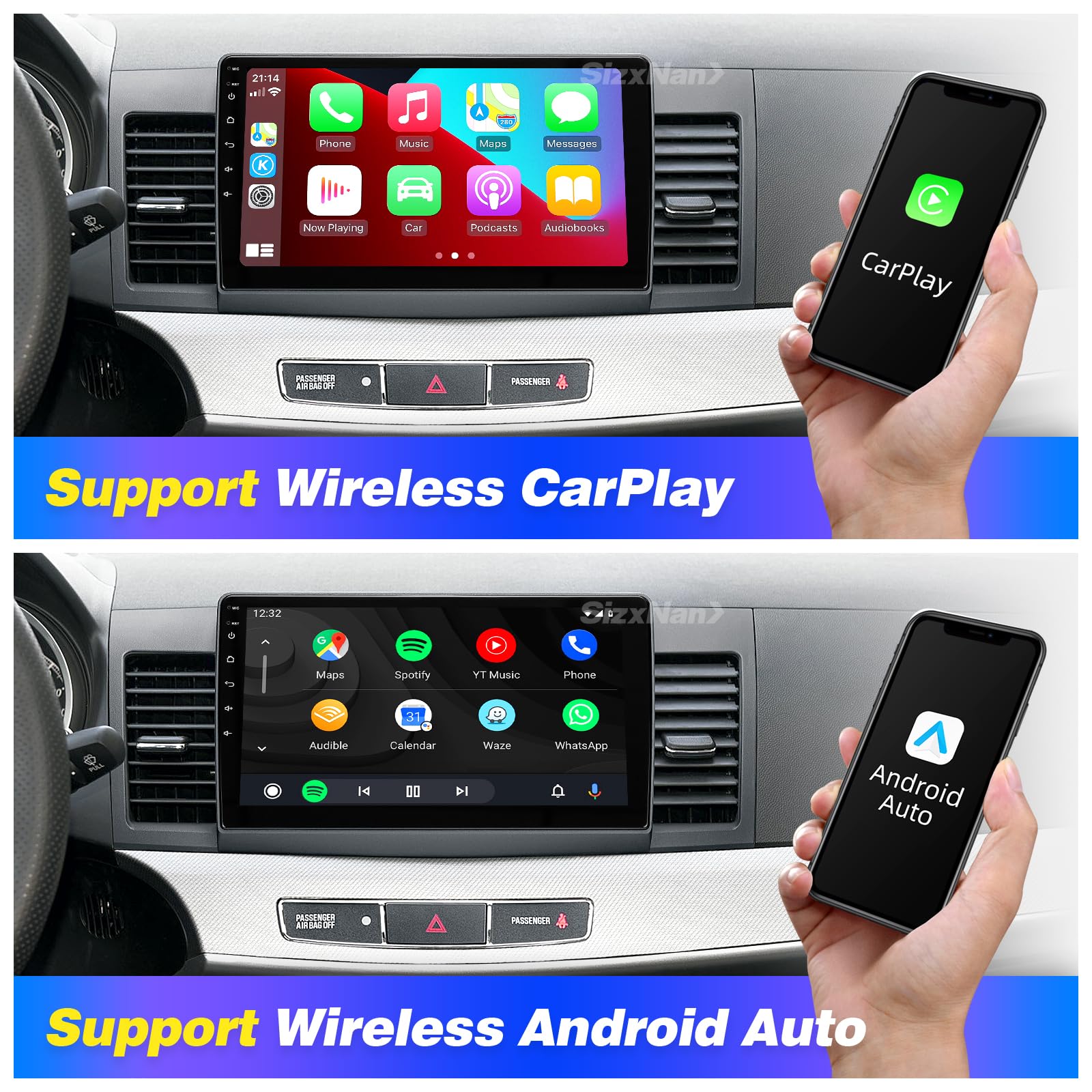 SizxNanv for Android Compatible with Wirelessly Carplay Android Auto,Car Radio Stereo Bluetooth Navigation GPS WiFi FM/AM 8 core 4GB+64GB 1280X720 Touchscreen Backup Camera for Lancer 2008-2017
