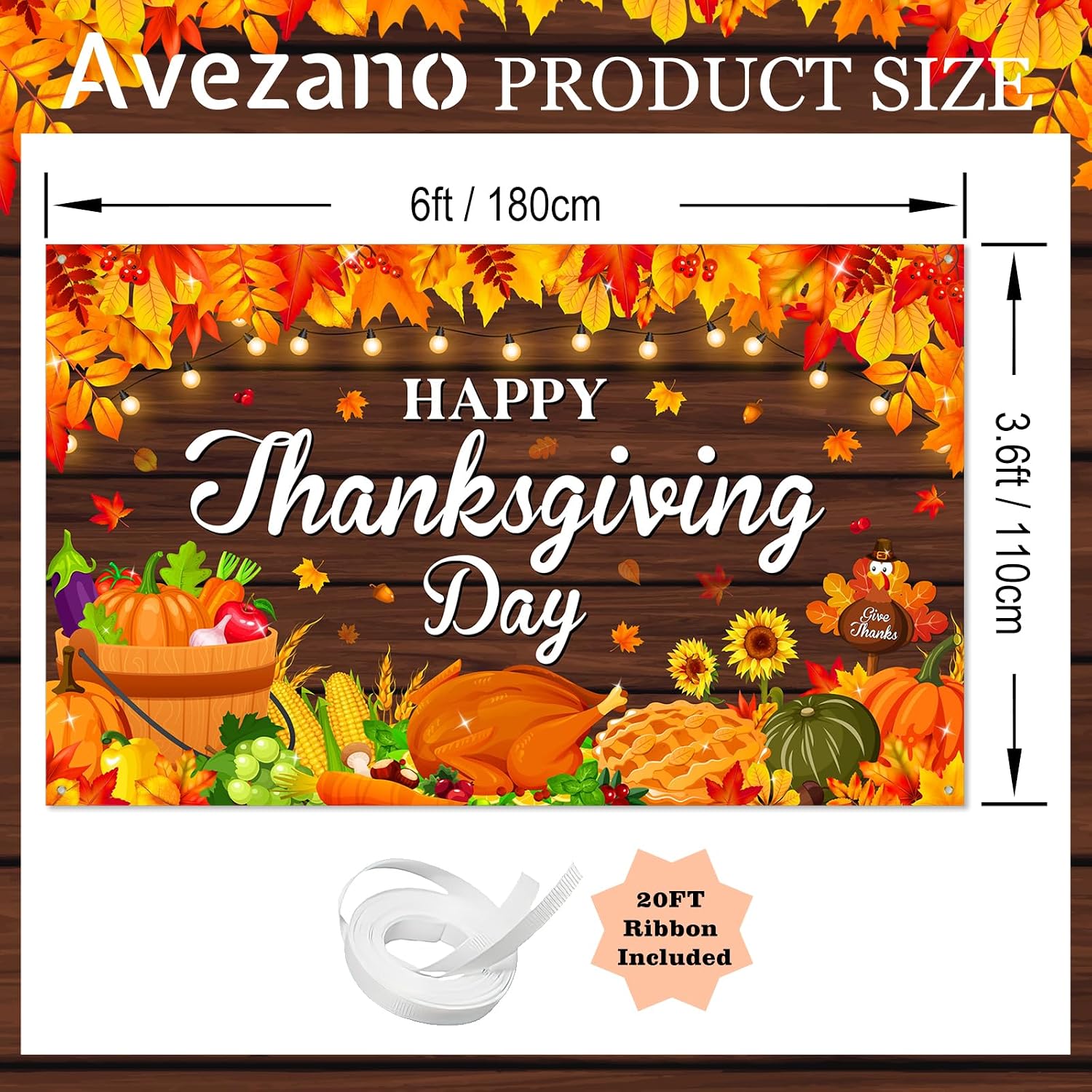 Avezano Happy Thanksgiving Backdrop Banner Fall Pumpkin Maple Leaf Photography Background for Thanksgiving Day Friends Gathering Autumn Harvest Party Decorations (6x3.6ft)