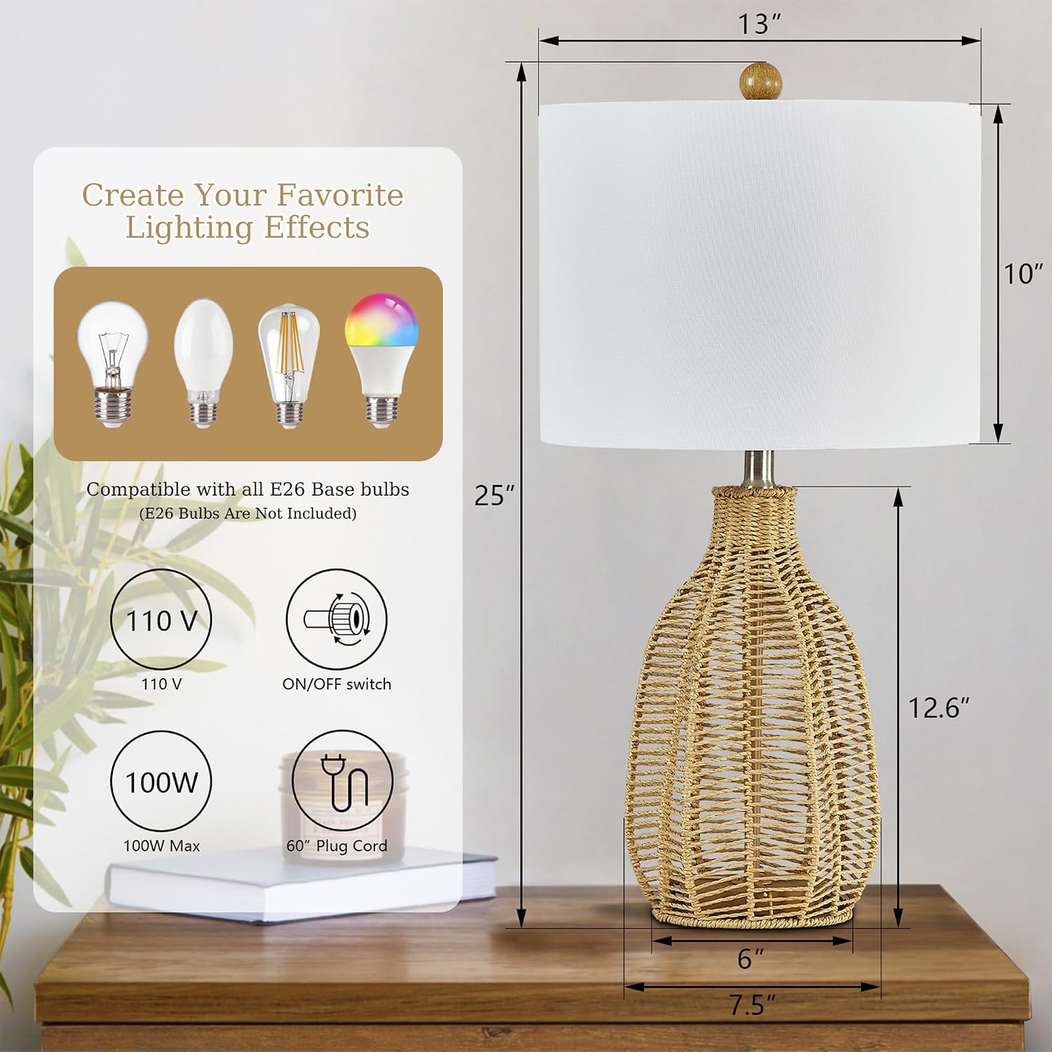 Maxax 25" Boho Rattan Table Lamps for Bedroom, Farmhouse Bedside Lamp with White Shades, Natural Nightstand Lamp for Living Room