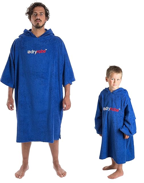 dryrobe Towelling Robe - Hooded Poncho Towel Changing Robe - Organic Cotton (400 gsm) Short Sleeve (Kids 5-9 - Royal Blue)