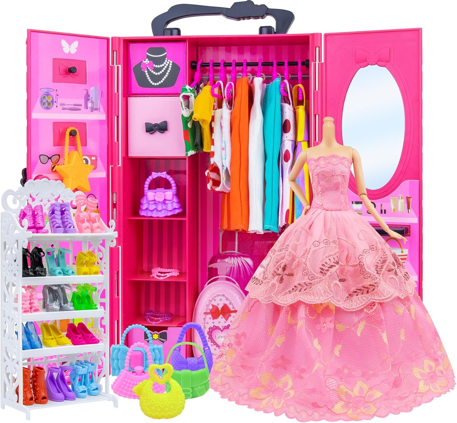 Ecore Fun Fashion Doll Closet Wardrobe for Doll Clothes and Accessories Storage - Lot 102 Items Include Clothes, Dresses, Shoes, Bags, Necklace, Shoes Rack, Hangers for 11.5 Inch Girl Doll Clothes