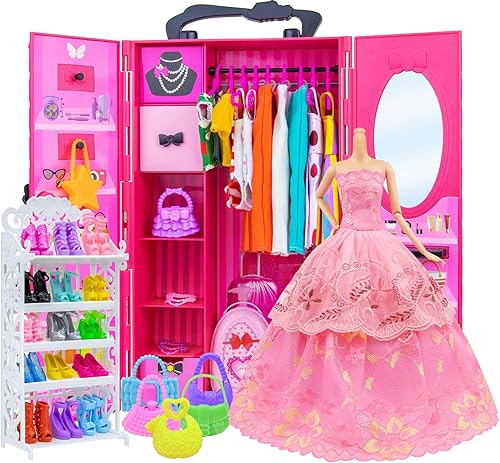 Miniatura 7 de Armario de muñeca Ecore Fun para guardar ropa de muñeca y accesorios – Lote de 52 artículos que incluyen ropa, vestidos, zapatos, bolsos, collar,