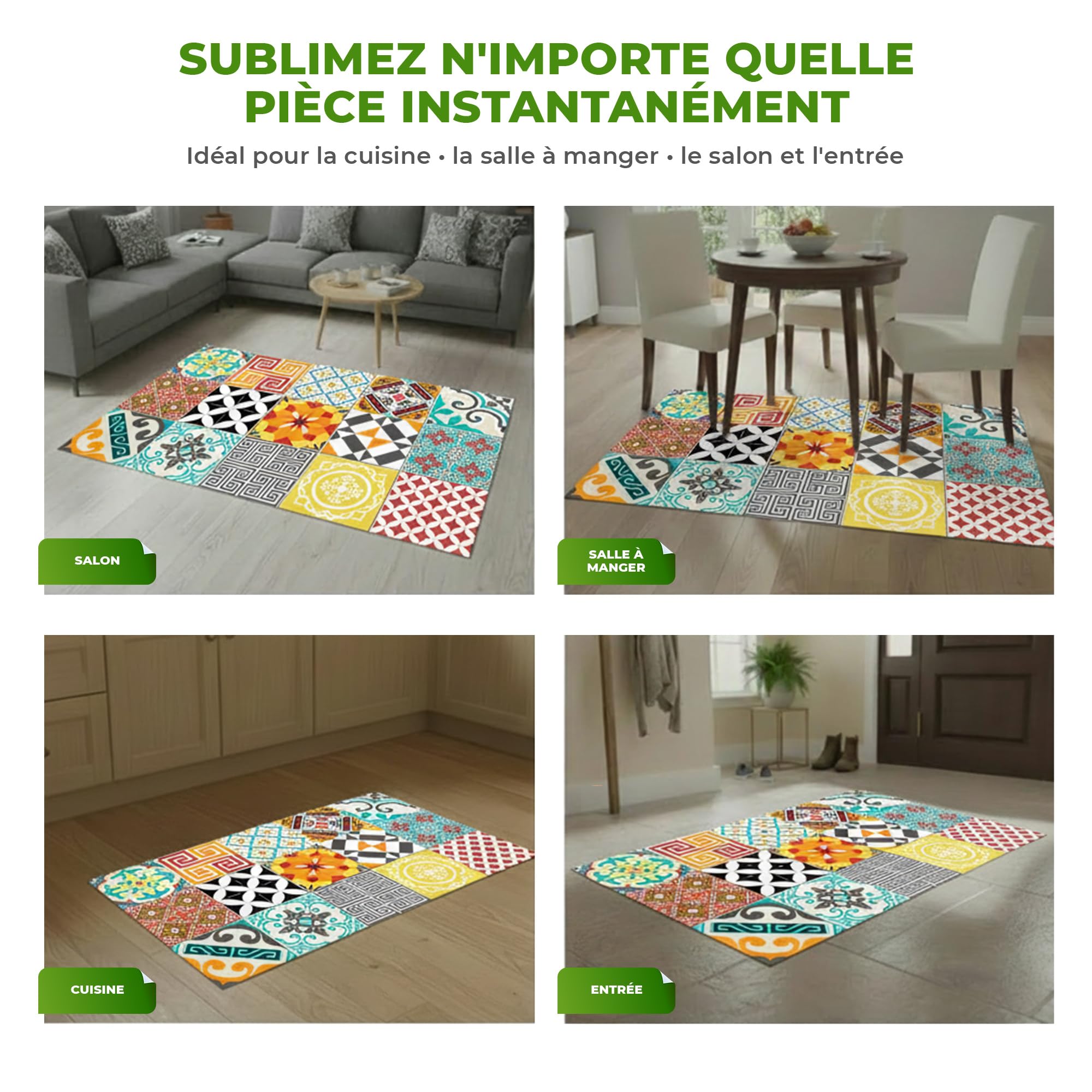 Tapis Vinyle pour le sol en PVC - Antidérapant - Protection pour le Sol - Inspiration Carreaux de Ciment - Lavable à la main - Epaisseur 2,2 mm - 60 cm x 100 cm - Tapis de sol Multicolore