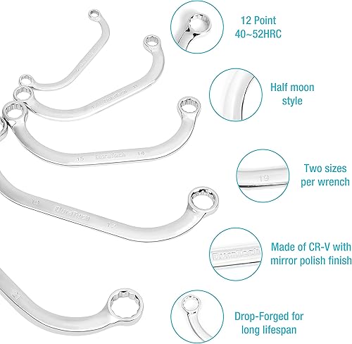 Miniatura 5 de DURATECH Juego de llaves de caja estilo S de 5 piezas y 5 llaves de media luna, métricas, 12 puntos, CR-V, con organizador de herramientas de espuma