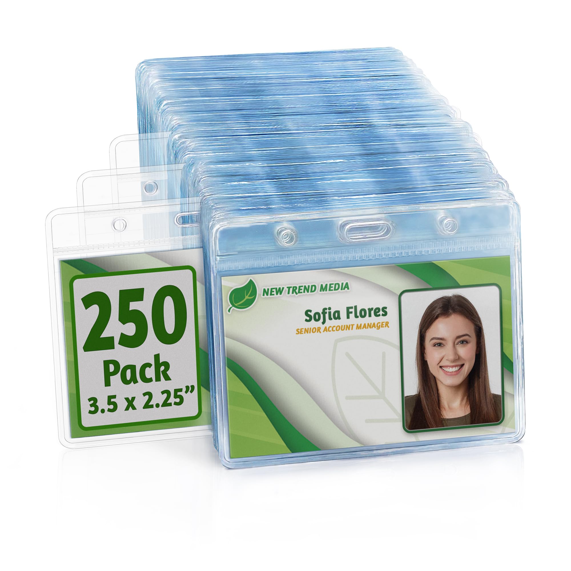 EcoEarth Horizontal No Zipper ID Name Badge Holder (Clear, 3.5x2.25 Inch, Bulk 250 Pack), Quick Loading Plastic Card Pouch, Nametag Sleeves