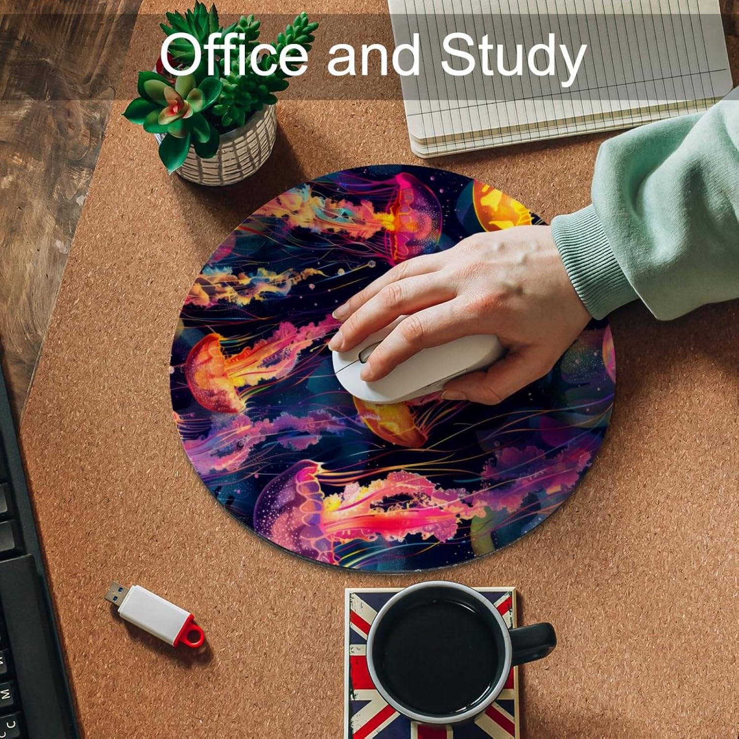 Round Mouse Pad for Women Men, 10’’ Round Desk Pad Mousepad Non-Slip Rubber Base, Office Home Laptop Accessories, Colorful Ocean Jellyfish Seamless Pattern image 5