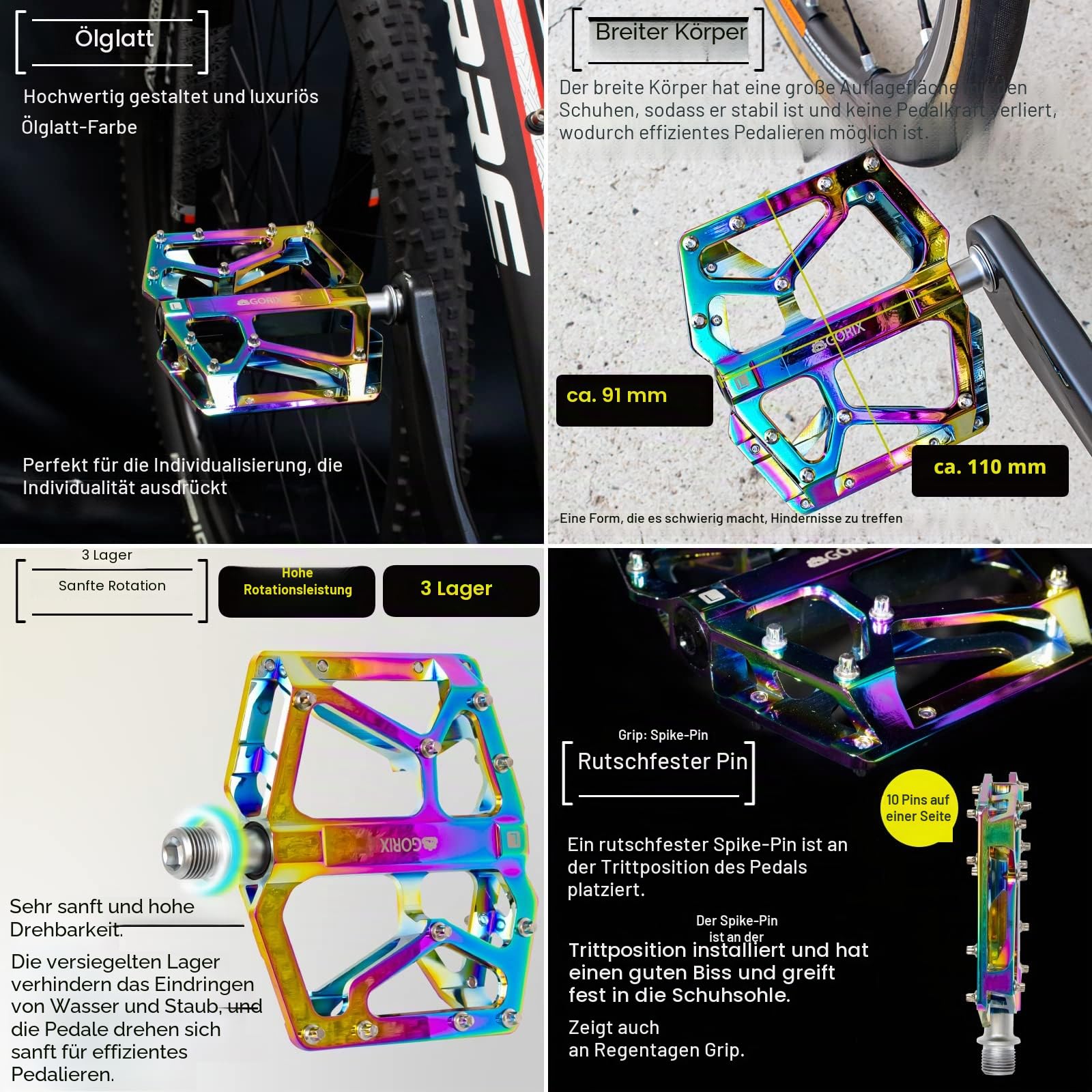 GORIX Fahrrad-Flachpedale, breites CNC-3-B-Lager, leicht, mit rutschfestem Stift, Spike, Oil Slick, Rennrad, Mountainbike, MTB-Fahrrad (GX-FX181)