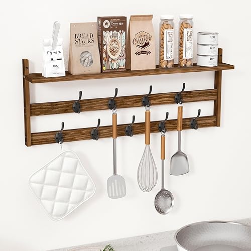 Miniatura 7 de AMBIRD Perchero de pared con estante, ganchos de pared de 29 pulgadas montados en la pared con 9 ganchos de metal para entrada, baño, dormitorio,