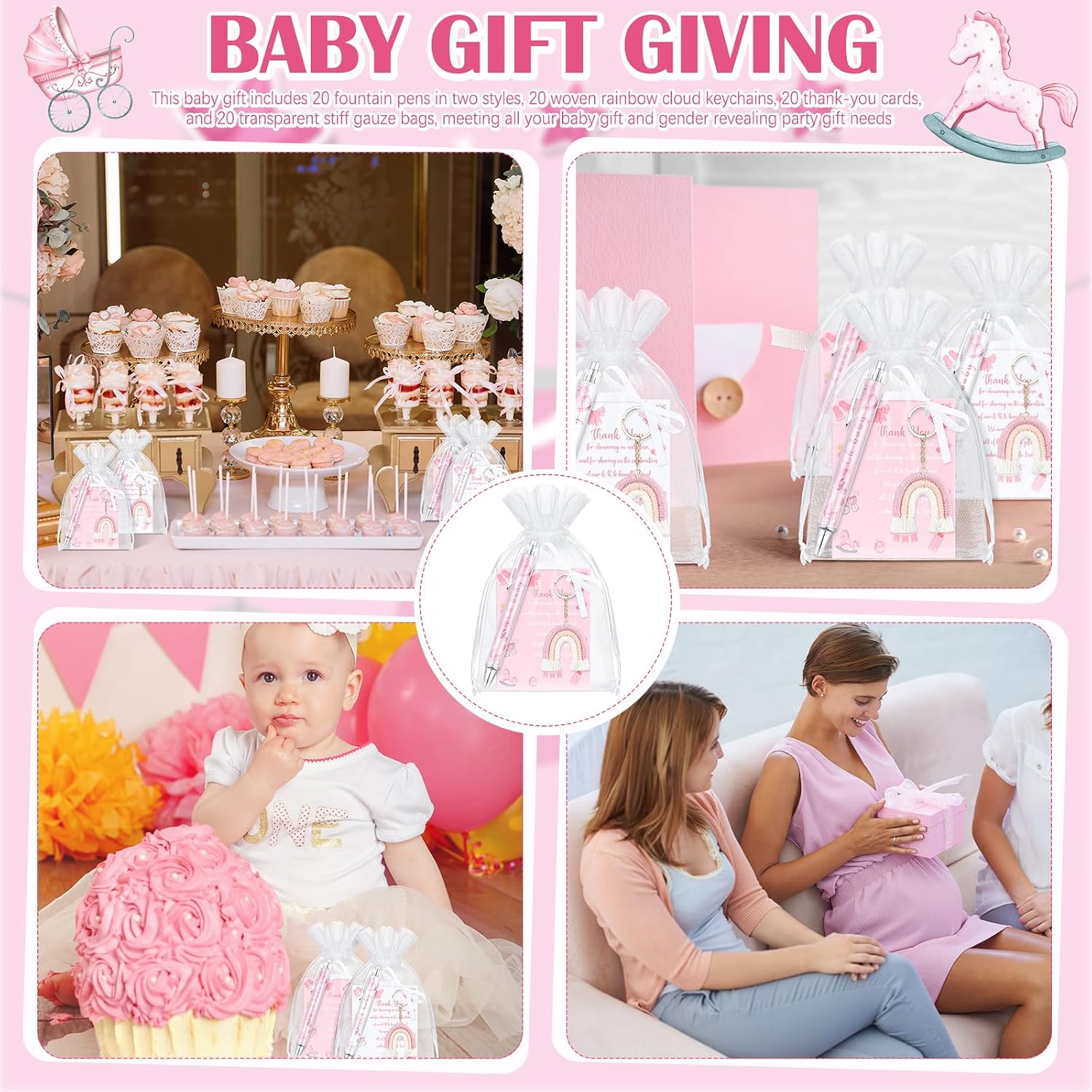 Halloscume 20 Set Girls and Boys Baby Shower Favors Gifts for Guests Baby Shower Pens Rainbow Cloud Boho Keychain Thank You Cards and Organza Bags for Gender Reveal Party Favor(Pink)