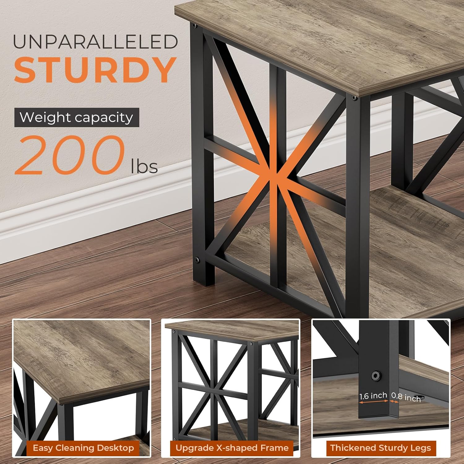 GreenForest End Table with 2-Tier Storage Shelf, 24 inch Large Side Table for Living Room,Modern Nightstand for Bedroom Bedside Office Farmhouse, Grey Wash