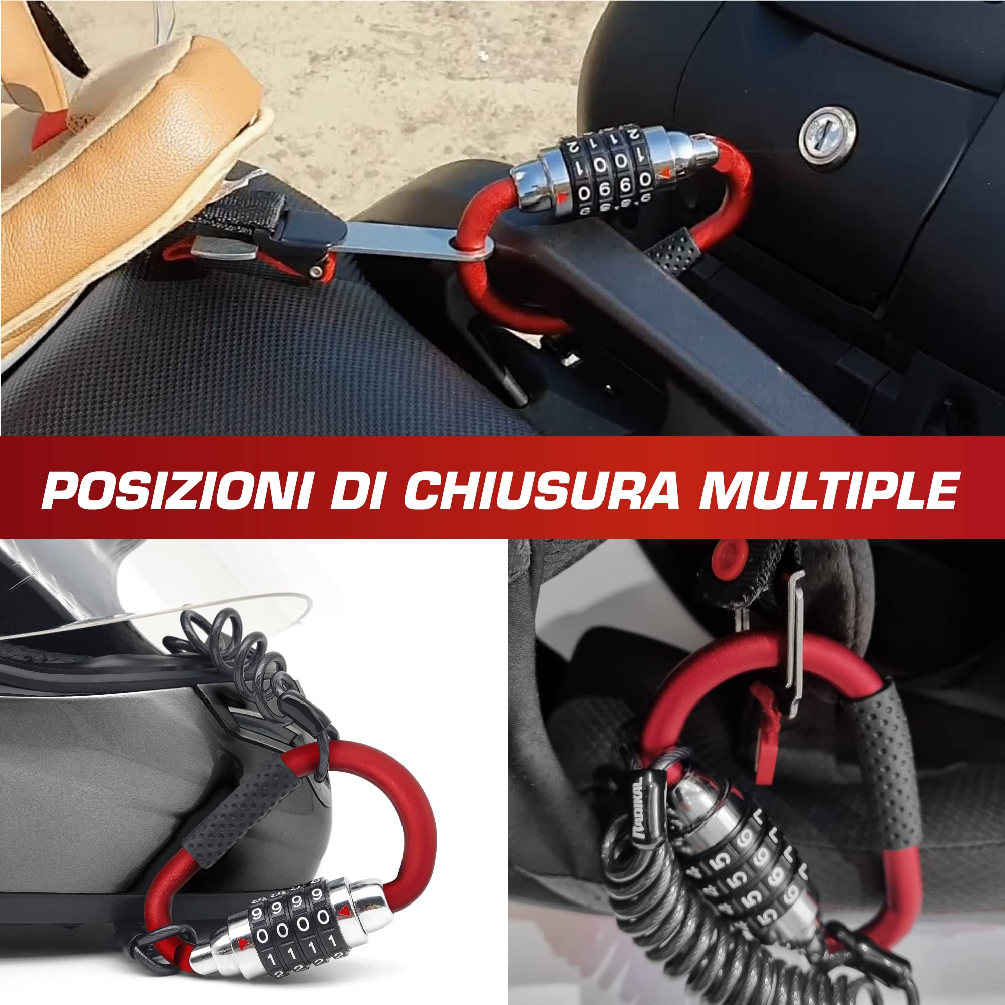 RADIKAL RK540R Lucchetto Casco Moto, Antifurto Casco Moto, Moschettone con 4 (altri 3) Codice Più Sicuro + Cavo Flessibile in Acciaio + Adattatore a T, Accessori Blocca Gancio Bici