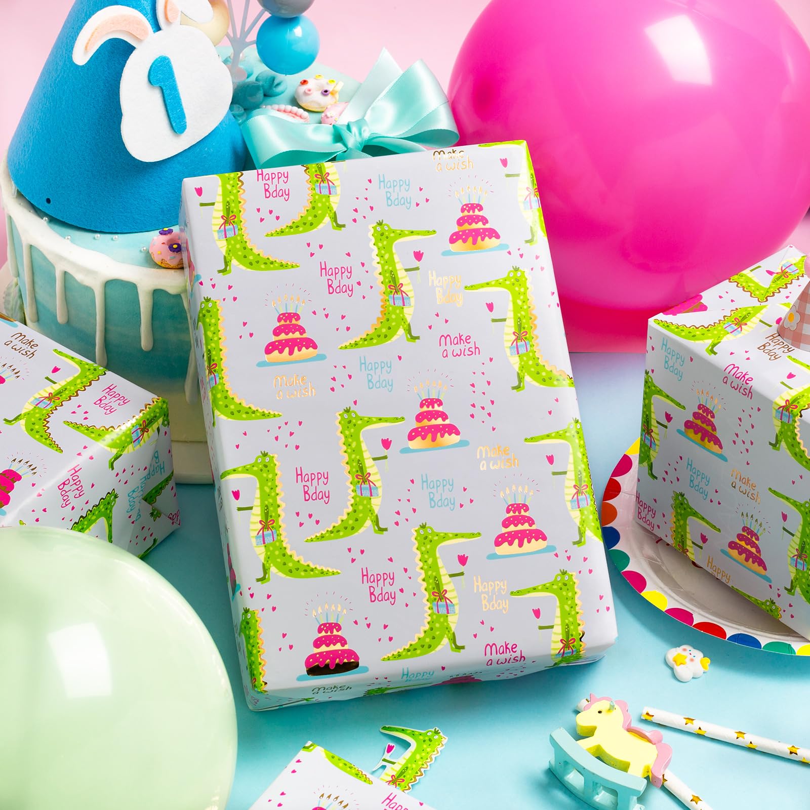Condition photo showing New/Like New for Retrify Wrappping Paper Roll, Cute Crocodile Happy Birthday Gift Wrap Paper, Metallic Gold Foil Birthday Cake Thick Packing Paper - 17 Inches x 32.8 Feet