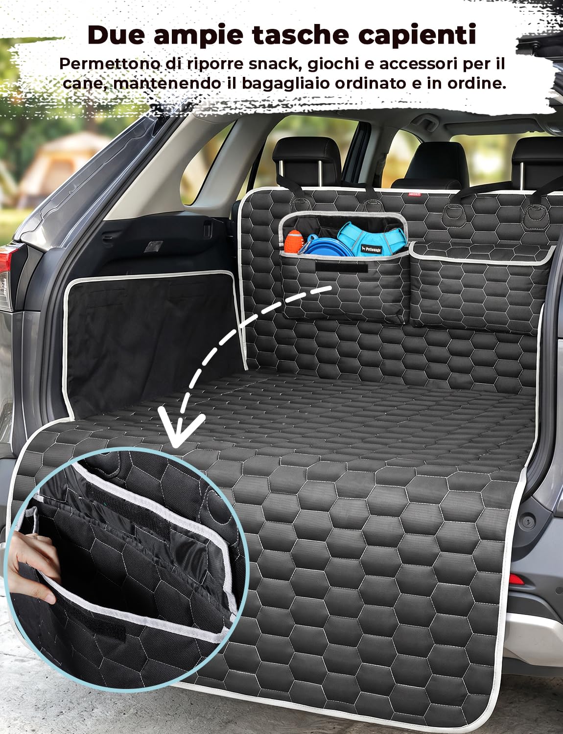 Oasser Telo Auto per Cani Bagagliaio con 2 Tasche Grandi,Impermeabile,Antiscivolo,Antipolvere,185 x 103 cm con Protezione Laterale e Paraurti,Lavabile in lavatrice,Universale per Auto e SUV Nero
