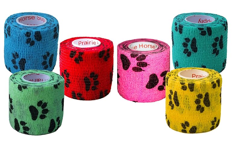 Bandagem Autoadesiva Elástica para Cavalos e Pequenos Animais Prairie Horse Supply com Estampa de Patinhas, 6 Rolos