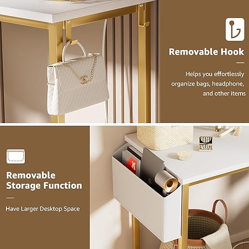 Vista 8 de Pequeño escritorio de tocador con espejo y luces – Set de tocador mini para niñas con mesa de maquillaje con silla, toma de corriente, mesa de dorado