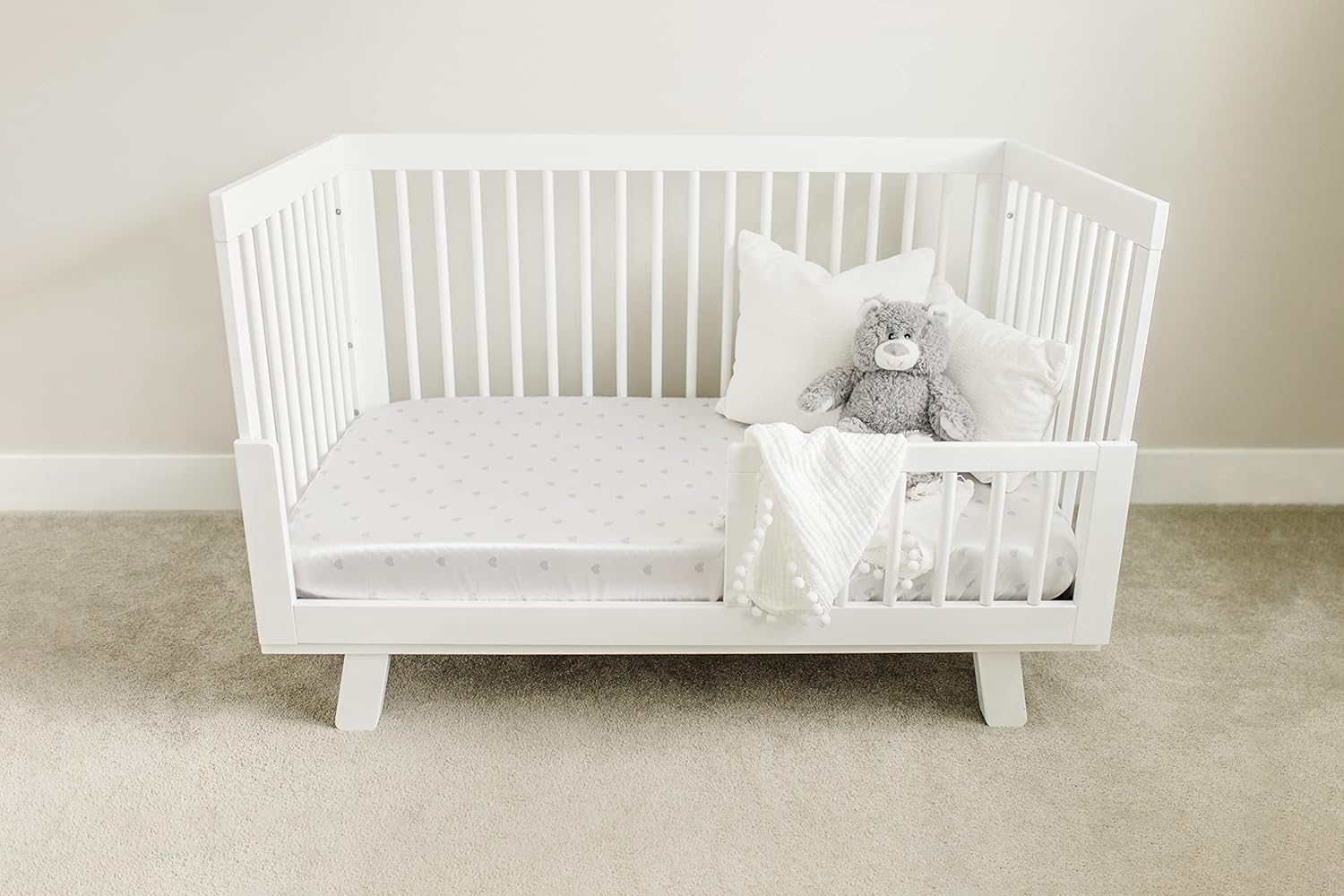 Satin Fitted Crib Sheet (2 Pack) Premium Oeko-TEX Certified Satin Crib Sheet Set, Prevents Bald Spots Like Silk Crib Sheets for Baby Hair (White with Light Gray Hearts & Stars)