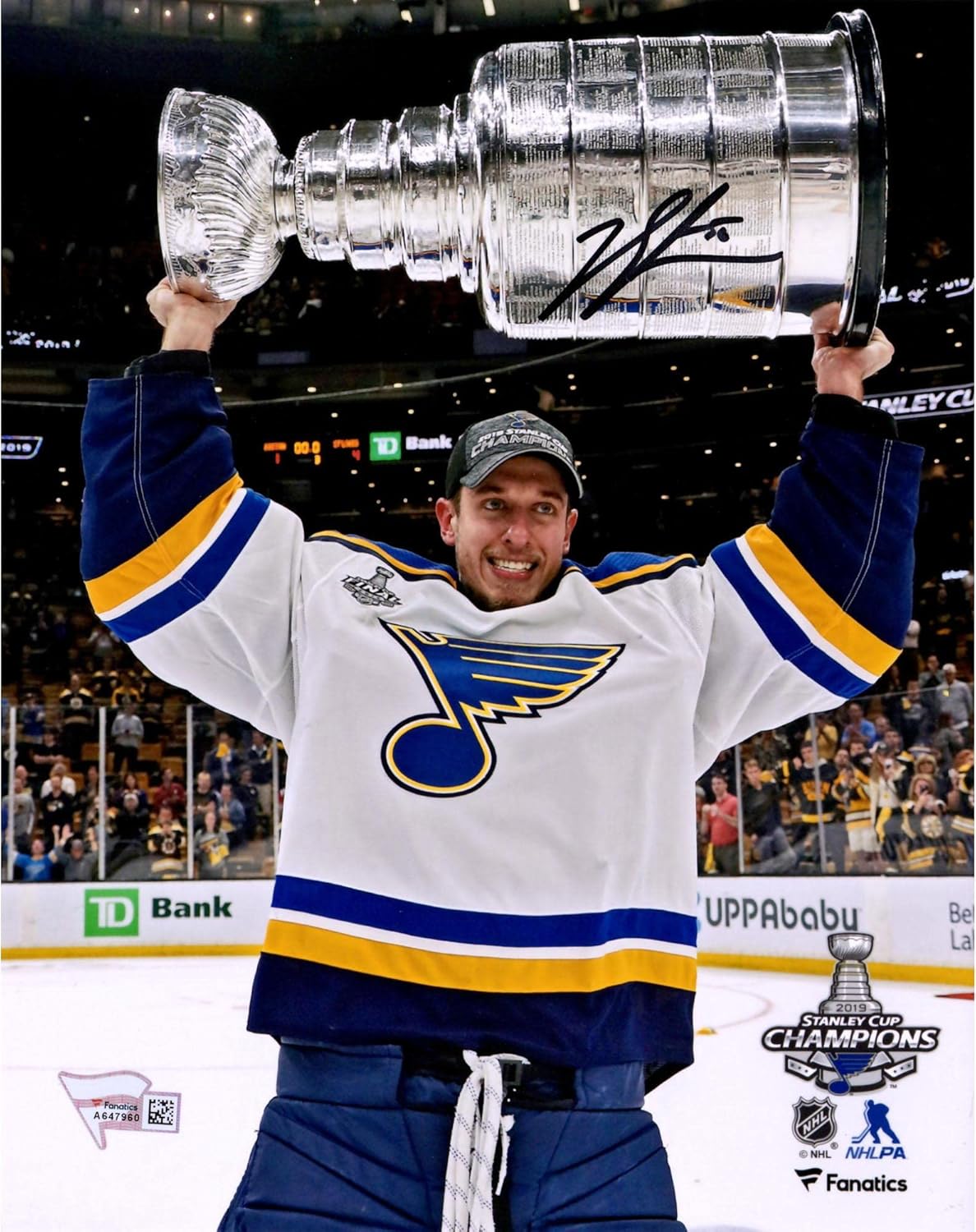 Jordan Binnington St. Louis s 2019 Stanley Cup Champions Autographed 8" x 10" Raising Cup Photograph - Autographed NHL Photos